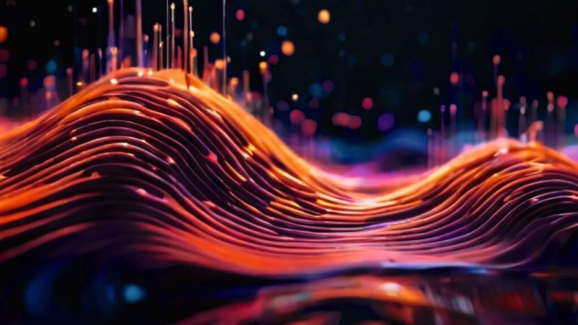 Abstraktes digitales Kunstwerk mit leuchtenden, wellenförmigen orangefarbenen und violetten Linien, die eine Landschaft bilden, mit vertikalen Lichtstrahlen und bunten Punkten, die aus der Oberfläche vor einem dunklen Hintergrund aufsteigen.