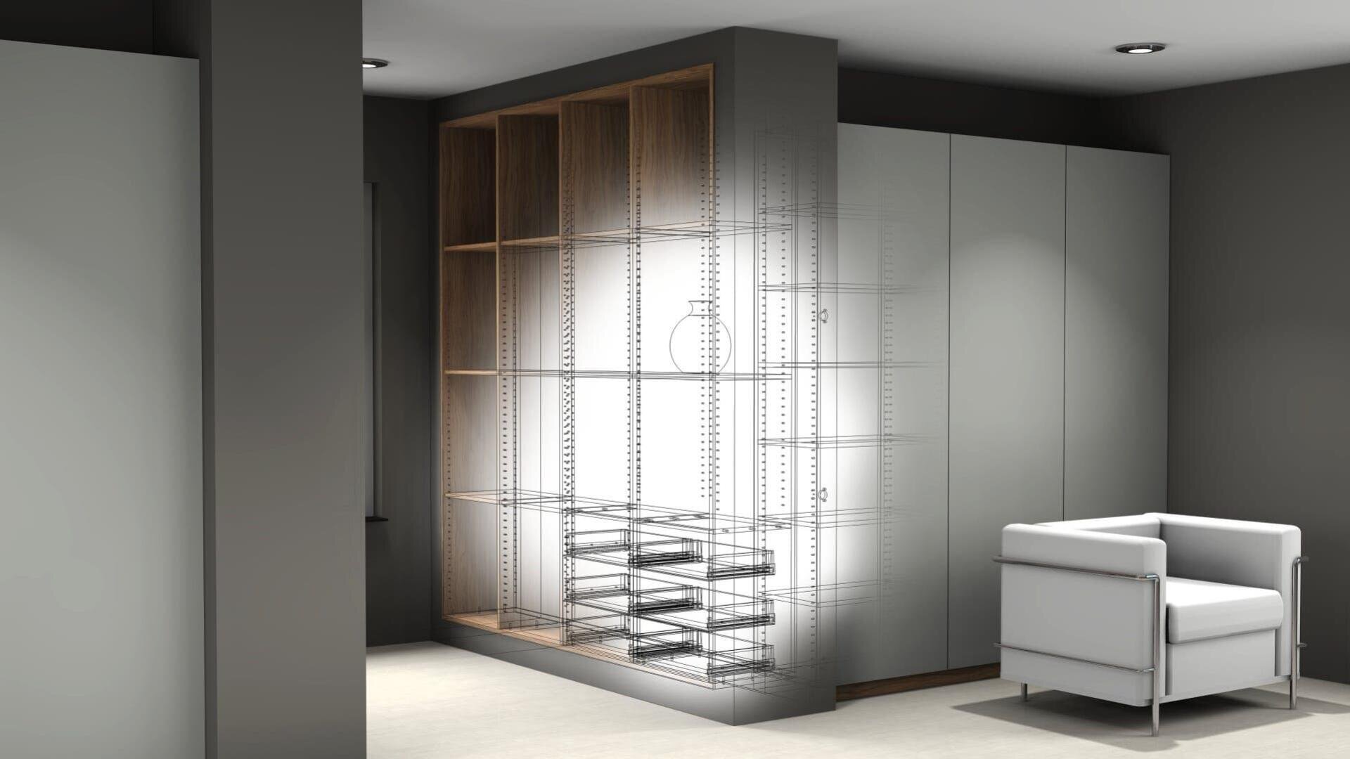 Une pièce moderne avec un fauteuil blanc et des armoires encastrées ; la moitié droite d'une étagère en bois est représentée sous forme de fil de fer, illustrant son design intérieur et sa structure.