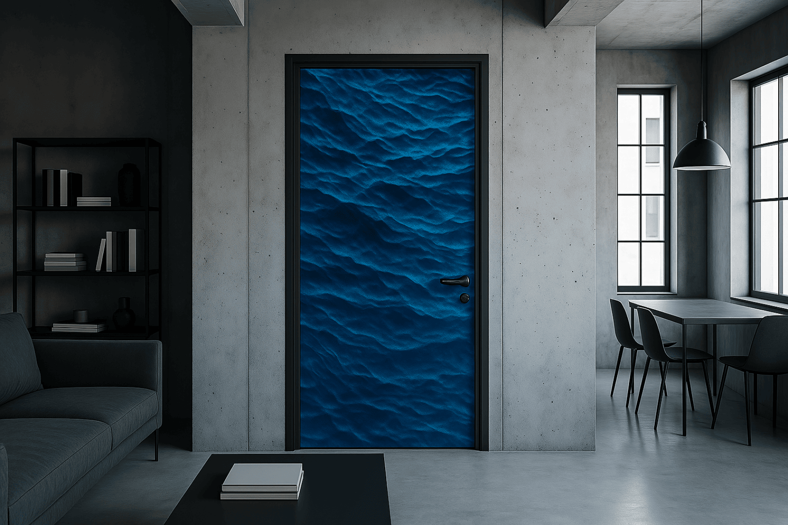 Un espace moderne et minimaliste avec des murs en béton et une porte saisissante à la finition bleue texturée rappelant les vagues de l'océan. La pièce dispose d'un canapé, d'une table à manger, de chaises et de grandes fenêtres laissant entrer la lumière naturelle.