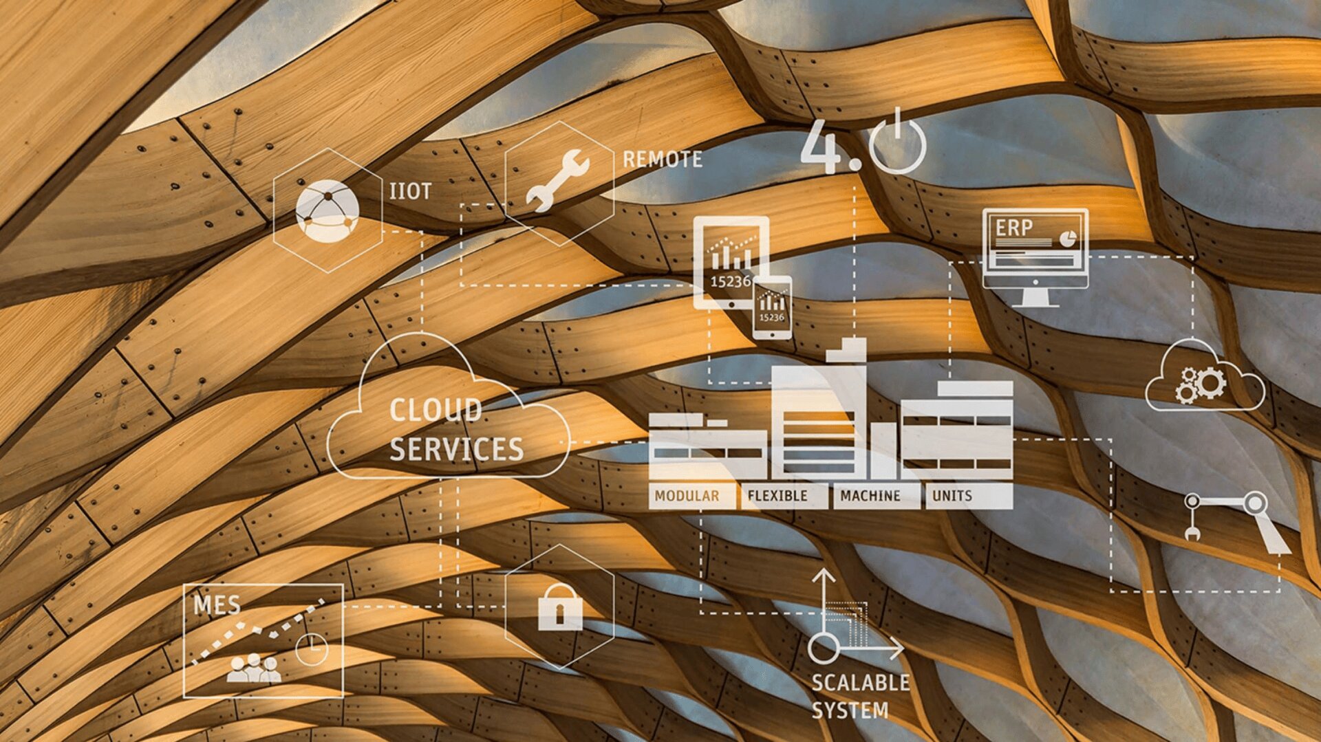 Holzgitterdecke mit überlagerten abstrakten Technologiesymbolen und Begriffen wie Cloud Services, MES und Scalable System, die für digitale Integration und intelligente Industriekonzepte stehen.