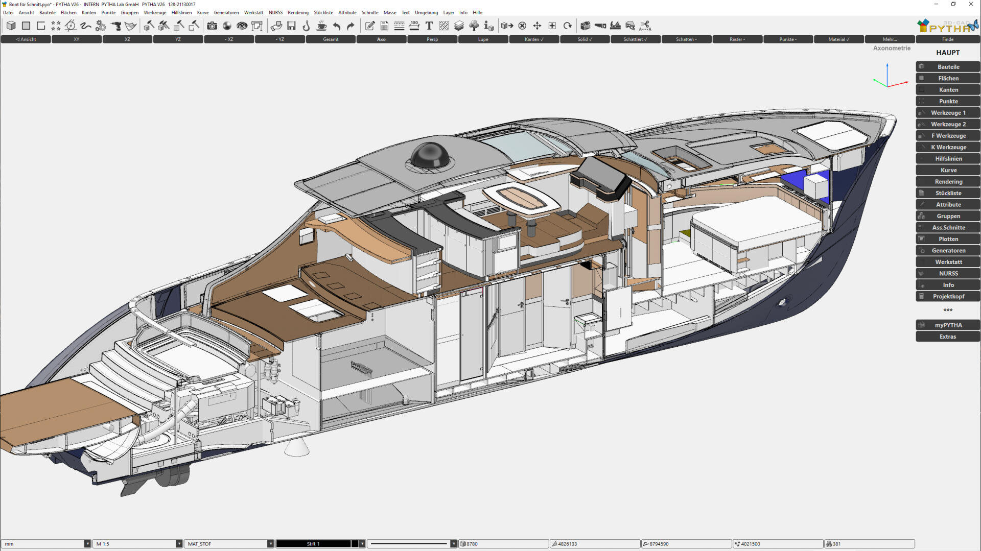 Eine 3D-Schnittdarstellung einer Luxusyacht in CAD-Software, die detaillierte Innenaufteilungen einschließlich Schlafzimmern, Loungebereichen, Küche und verschiedenen Abteilen im Rumpf und auf dem Deck der Yacht zeigt.