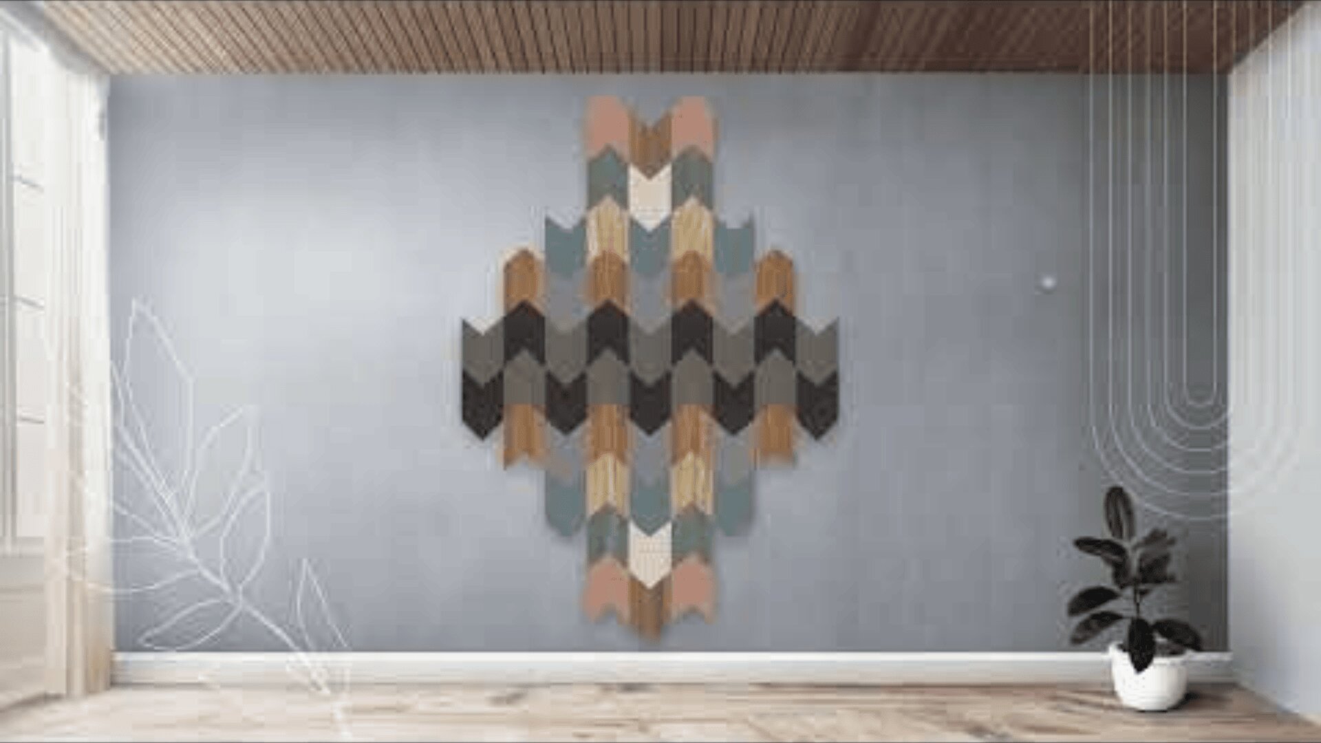 Ein minimalistischer Raum mit einer geometrischen Wandkunstinstallation in Erdtönen, hellgrauen Wänden, einer Holzdecke und einer Topfpflanze in der Ecke. Weiße Linien schmücken die linke und rechte Seite des Bildes.