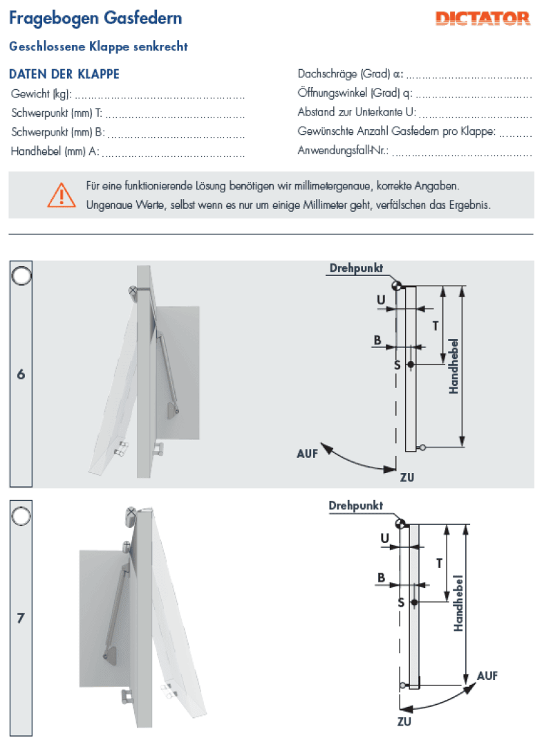 Technisches Datenblatt in deutscher Sprache mit Diagrammen und Abmessungen für eine gasfederbetriebene vertikale Klappe. Enthält Abbildungen der Klappenpositionen in der Seitenansicht, beschriftete Abmessungen und eine Eingabetabelle für die wichtigsten Spezifikationen.