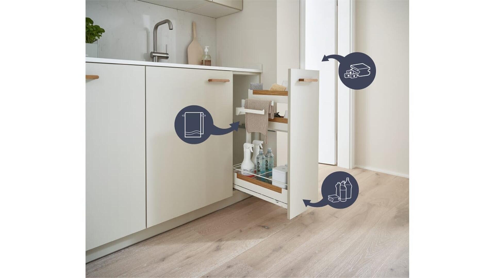 Une cuisine moderne avec un meuble coulissant ouvert, révélant des produits d'entretien et des serviettes bien rangés. Trois icônes indiquent les espaces de rangement pour les serviettes, les éponges et les produits de nettoyage à l'intérieur de l'armoire.