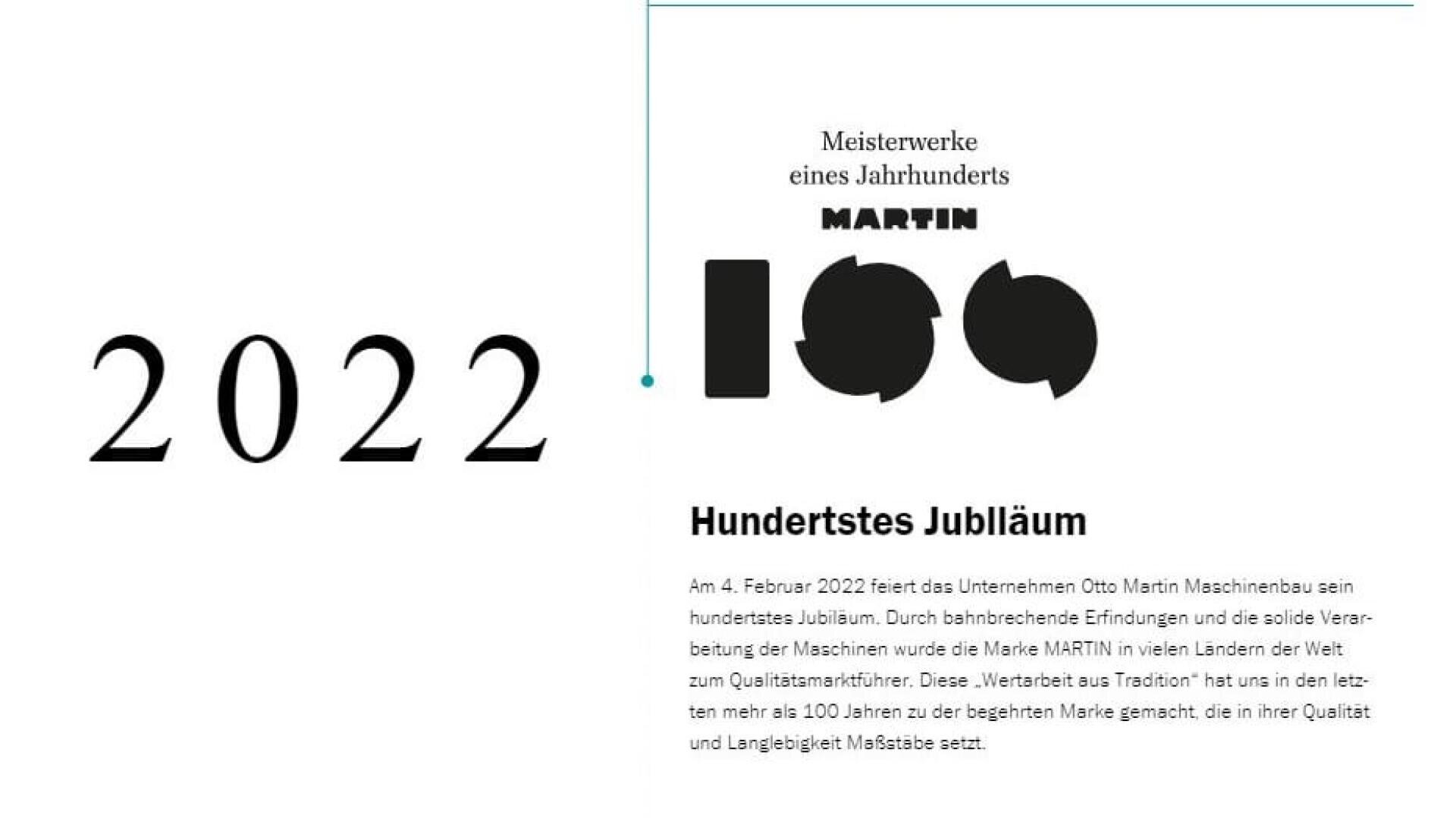Das Bild zeigt auf der linken Seite das Jahr 2022 und auf der rechten Seite eine deutsche Ankündigung zum 100-jährigen Jubiläum von MARTIN mit dem Text Meisterwerke eines Jahrhunderts, einer stilisierten 100 und einer Beschreibung des Firmenjubiläums.
