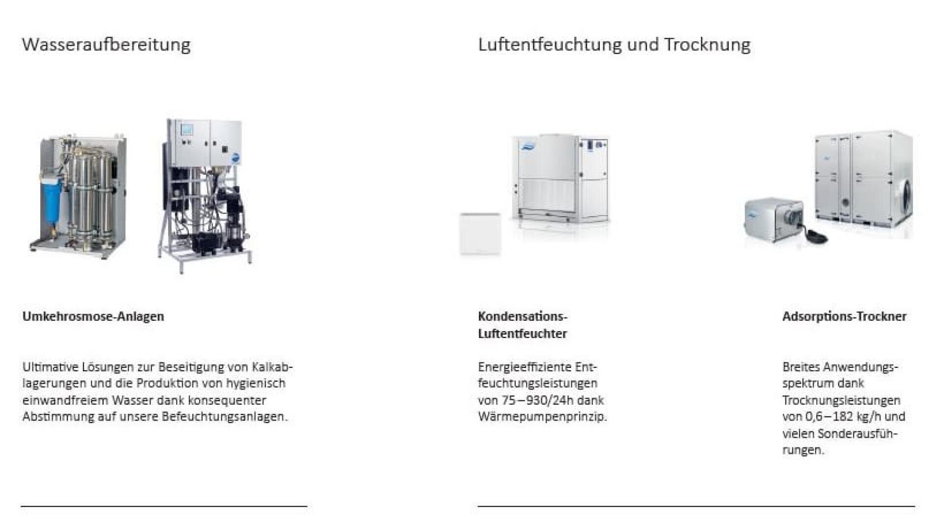 In drei Abschnitten werden Geräte zur Wasseraufbereitung und Lufttrocknung gezeigt: eine Umkehrosmoseanlage, ein Kondensationsluftentfeuchter und Adsorptionstrockner, jeweils mit kurzen Beschreibungen und Bildern der jeweiligen Geräte.