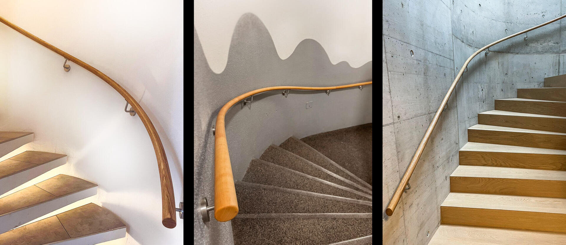 Drei Treppentypen nebeneinander: eine hell geflieste Treppe mit Holzhandlauf, eine Wendeltreppe mit Teppichboden und Holzhandlauf an einer gewellten Wand und eine Holztreppe mit Handlauf an einer Betonwand.