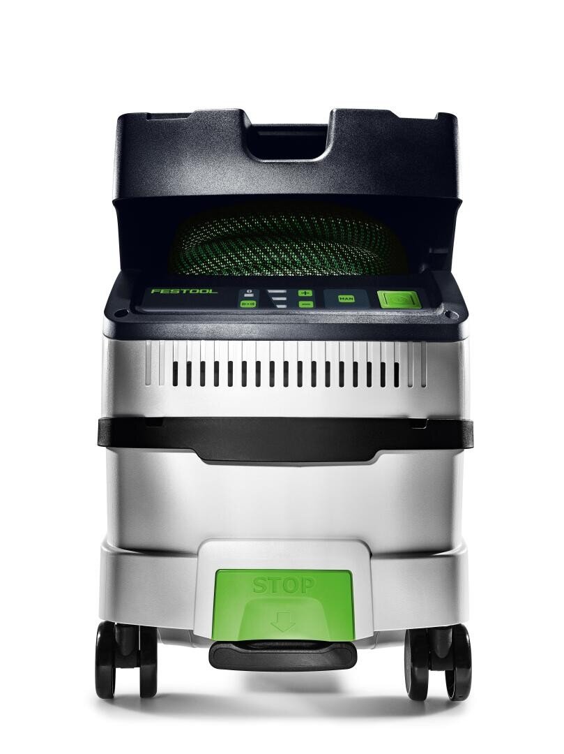 Ein silber-schwarzer Festool-Sauger mit geöffnetem Scharnierdeckel, sichtbarem Bedienfeld und einer großen grünen STOP-Taste an der Unterseite auf vier Rädern vor weißem Hintergrund.