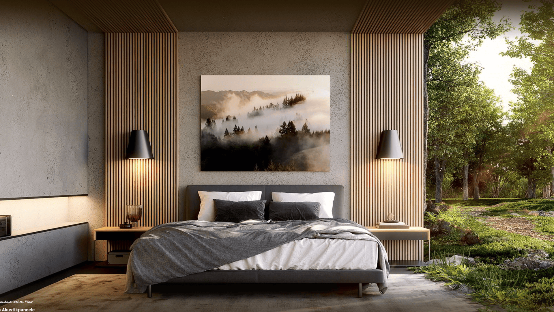 Ein modernes Schlafzimmer mit einem großen Bett, grauer Bettwäsche und Kissen. Zwei Pendelleuchten hängen über minimalistischen Nachttischen. Ein Gemälde mit einer Waldlandschaft hängt über dem Bett. Große Fenster geben den Blick auf das üppige Grün draußen frei.
