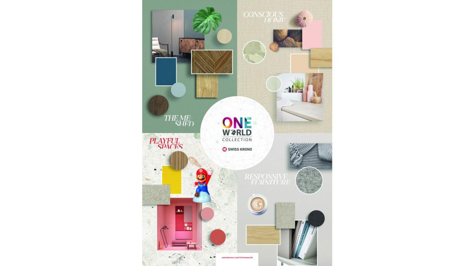 Collage présentant des thèmes de décoration d'intérieur : en haut à gauche, des tons verts, en haut à droite, des tons neutres et blush, en bas à gauche, du rose et du jaune ludiques avec une figurine de jouet, et en bas à droite, des gris froids et des textures de bois.