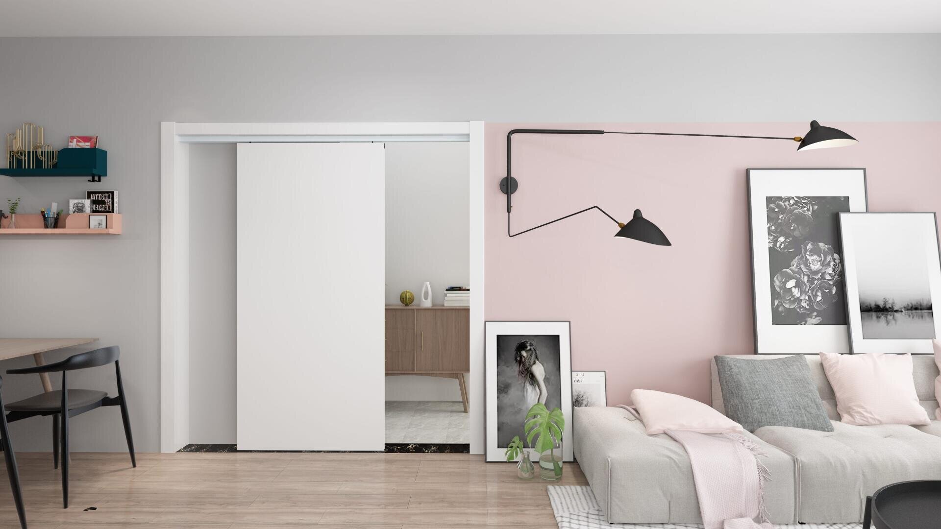 Modernes Wohnzimmer mit hellem Holzfußboden, einem grauen Sofa mit einer Decke, einer rosa Akzentwand mit schwarz-weiß gerahmter Kunst, einer Wandlampe und einer offenen Schiebetür, die einen Schrank im Nebenraum freigibt.