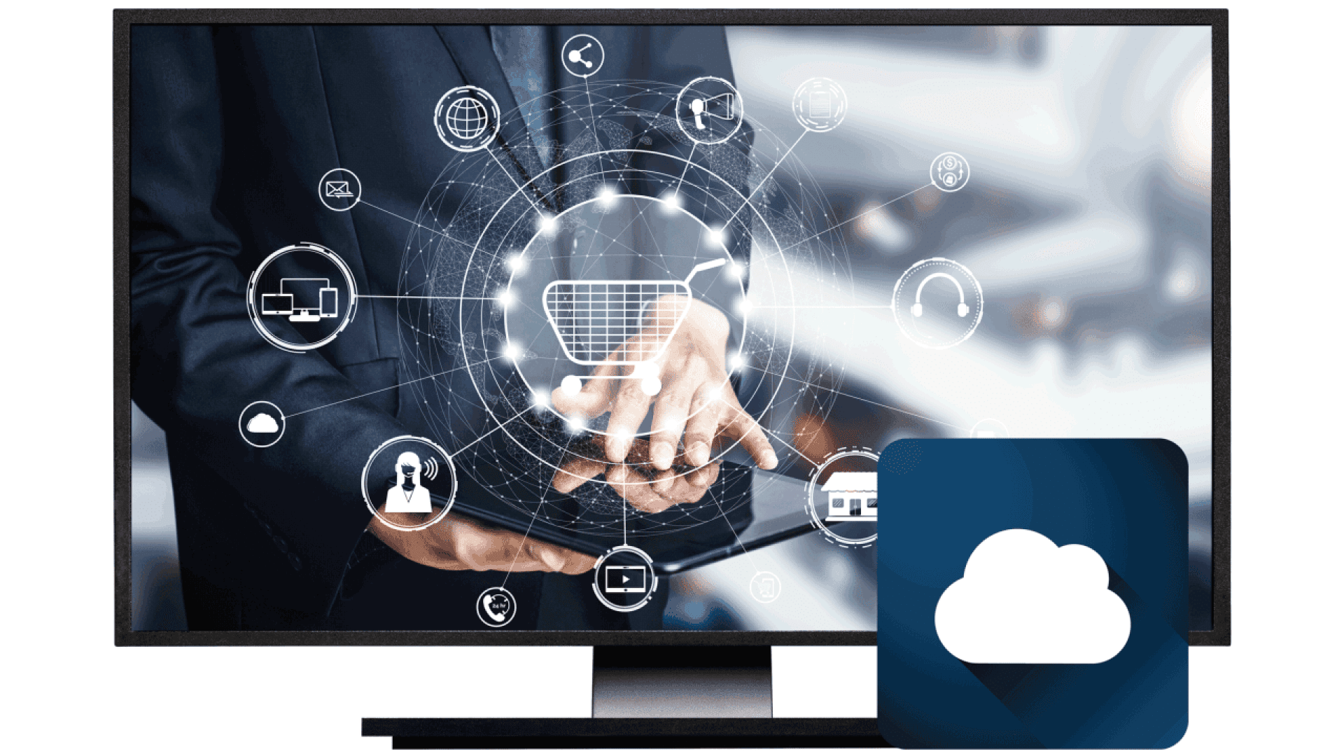 Un écran d'ordinateur montre une personne utilisant une tablette, avec des icônes numériques d'informatique en nuage et un symbole de nuage en surimpression, représentant la technologie en nuage et la connectivité des données.