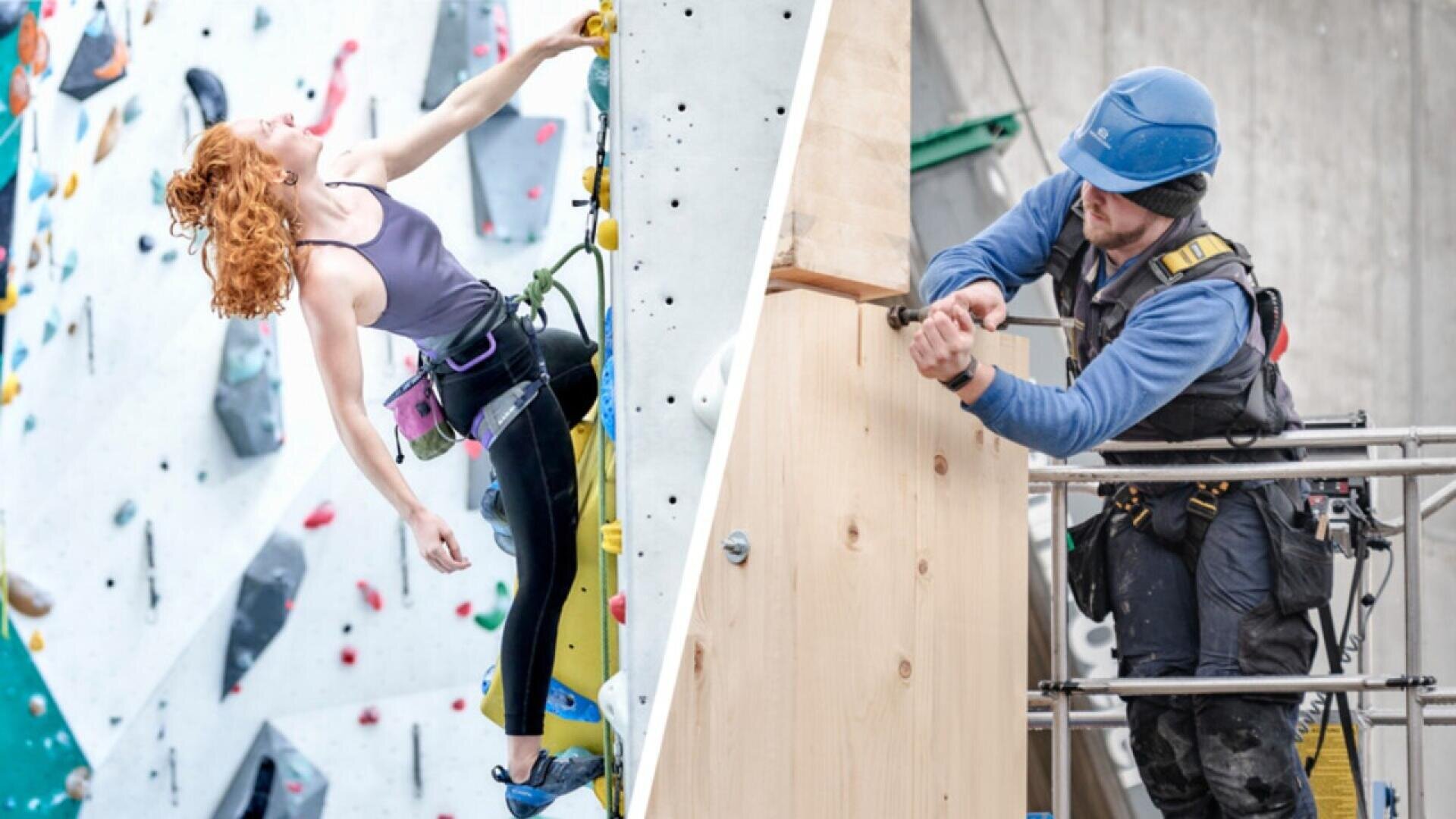 Image fractionnée : à gauche, une femme aux cheveux roux fait de l'escalade dans une salle de sport ; à droite, un homme en tenue de sécurité utilise une perceuse électrique sur une structure en bois dans un chantier de construction.