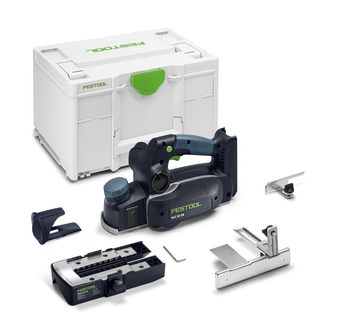 Ein elektrischer Handhobel von Festool mit verschiedenen Aufsätzen und Zubehör ist vor einem weißen Festool Aufbewahrungskoffer ausgestellt. Die Werkzeuge und Teile sind übersichtlich auf weißem Hintergrund angeordnet.