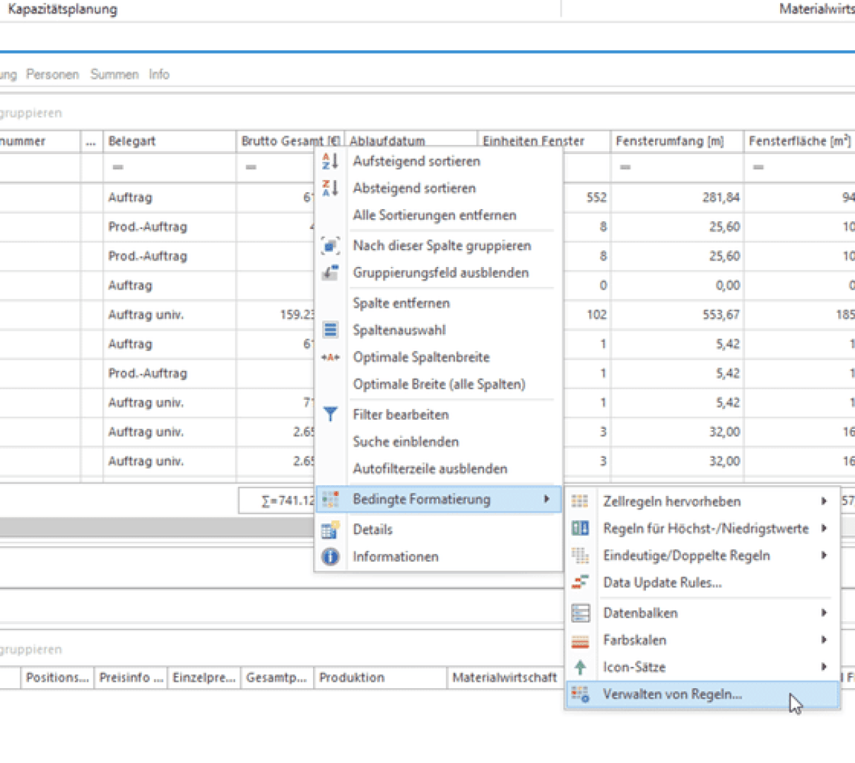 Capture d'écran d'une interface logicielle montrant un tableau de données avec plusieurs colonnes et un menu contextuel ouvert par un clic droit. Le menu met en évidence Bedingte Formatierung et le sous-menu Verwalten von Regeln.