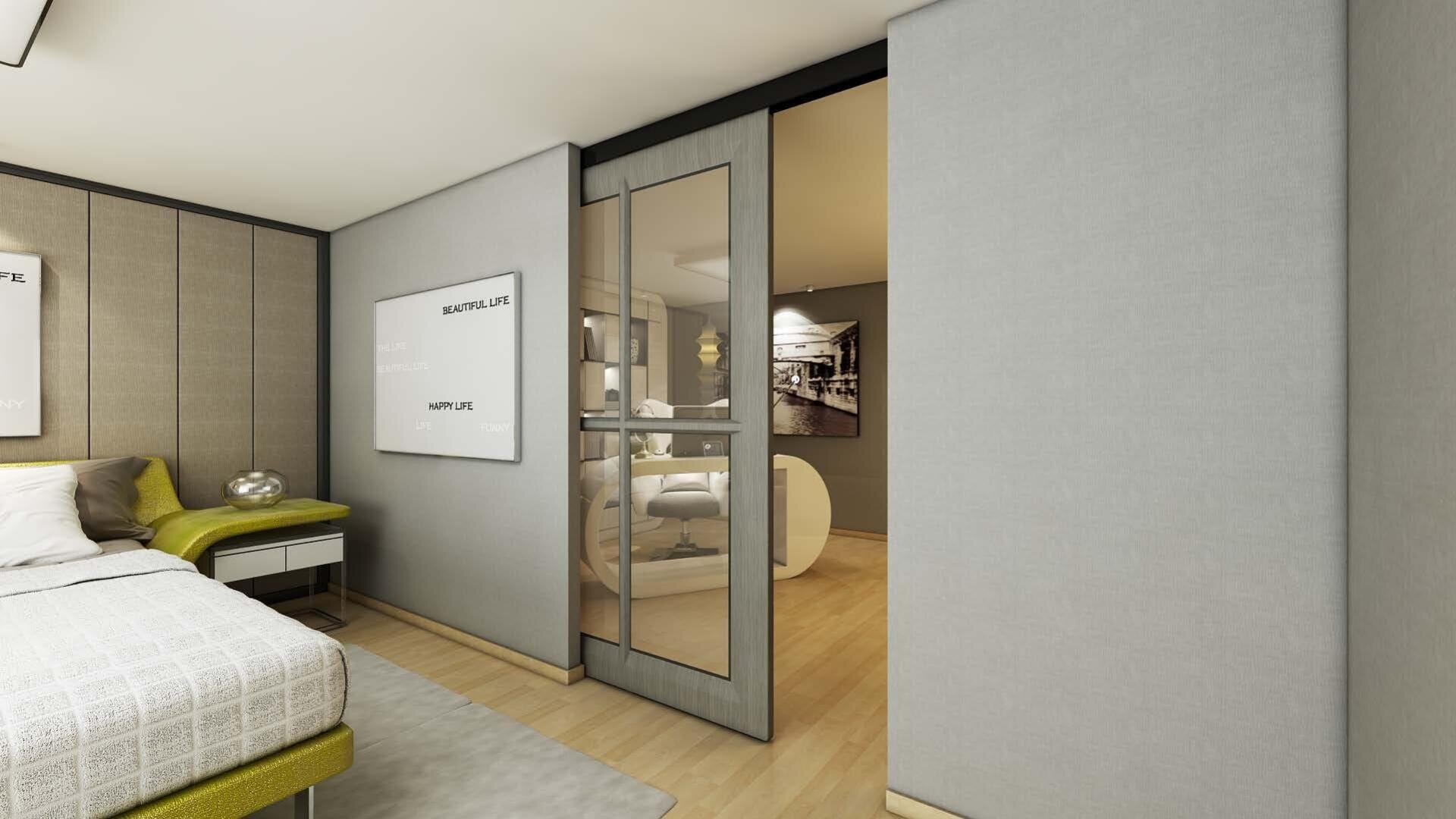 Ein modernes Schlafzimmer mit einer grauen Glasschiebetür, die teilweise geöffnet ist und einen minimalistischen Sitzbereich im Freien freigibt. Der Raum verfügt über helle Holzböden, ein grünes und weißes Bett und gerahmte Kunst an grauen Wänden.
