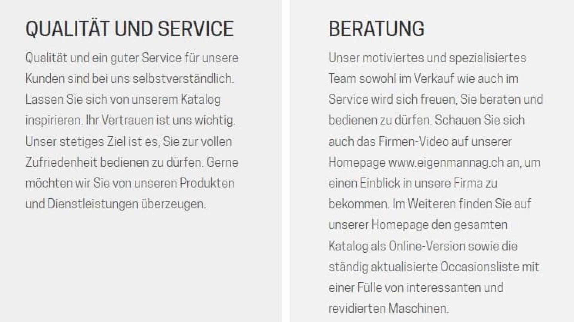 Zwei Textabschnitte in deutscher Sprache. Der linke Teil mit der Überschrift QUALITÄT UND SERVICE behandelt die Themen Qualität und Kundenservice. Der rechte Teil mit der Überschrift BERATUNG beschreibt Beratungsleistungen und lädt zum Besuch der Unternehmenswebsite ein.