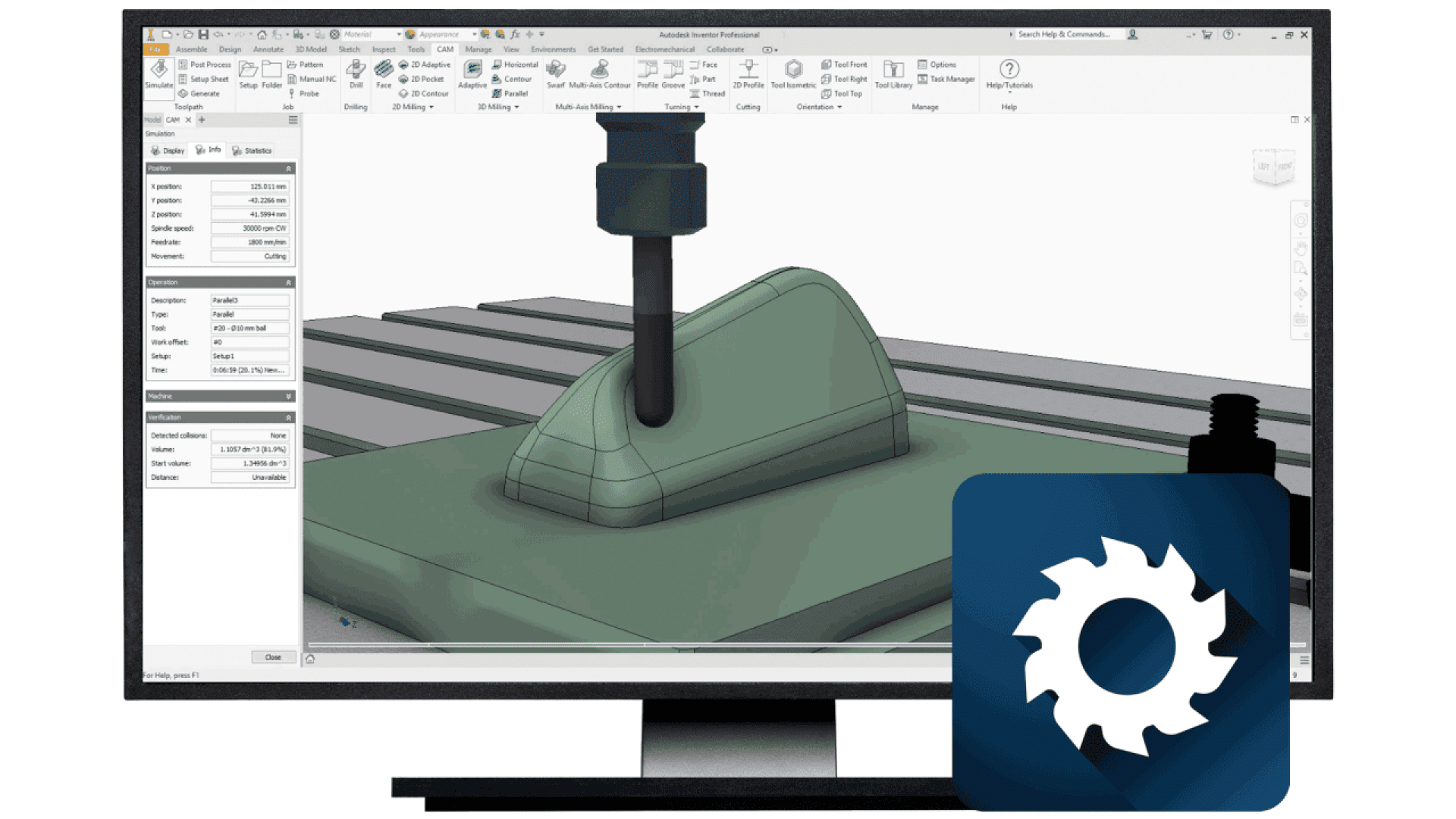 Un écran d'ordinateur affiche un logiciel de CAO montrant un modèle 3D en cours d'édition. Devant, une icône bleue avec une roue dentée blanche symbolise le logiciel ou un outil connexe.