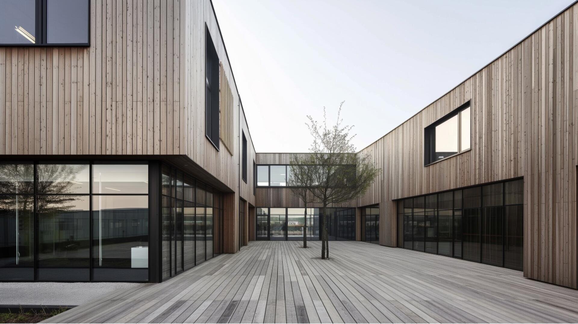 Das moderne Gebäude mit holzgetäfeltem Äußeren und großen Glasfenstern umgibt einen Innenhof mit hellen Holzterrassen und einem kleinen Baum in der Mitte. Die Architektur ist minimalistisch mit klaren Linien und einer offenen, luftigen Atmosphäre.