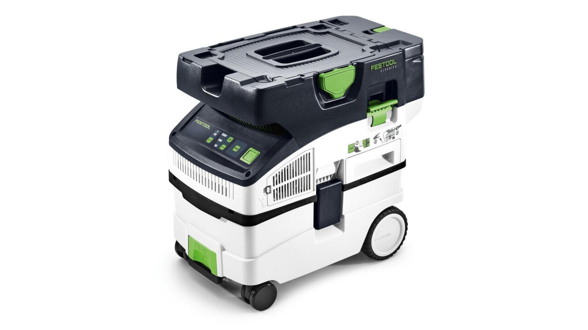 Aspirateur à poussière portable Festool blanc et noir avec des accents verts, doté d'une poignée, d'un panneau de commande, d'évents, de roues et d'un compartiment de rangement sur le dessus.