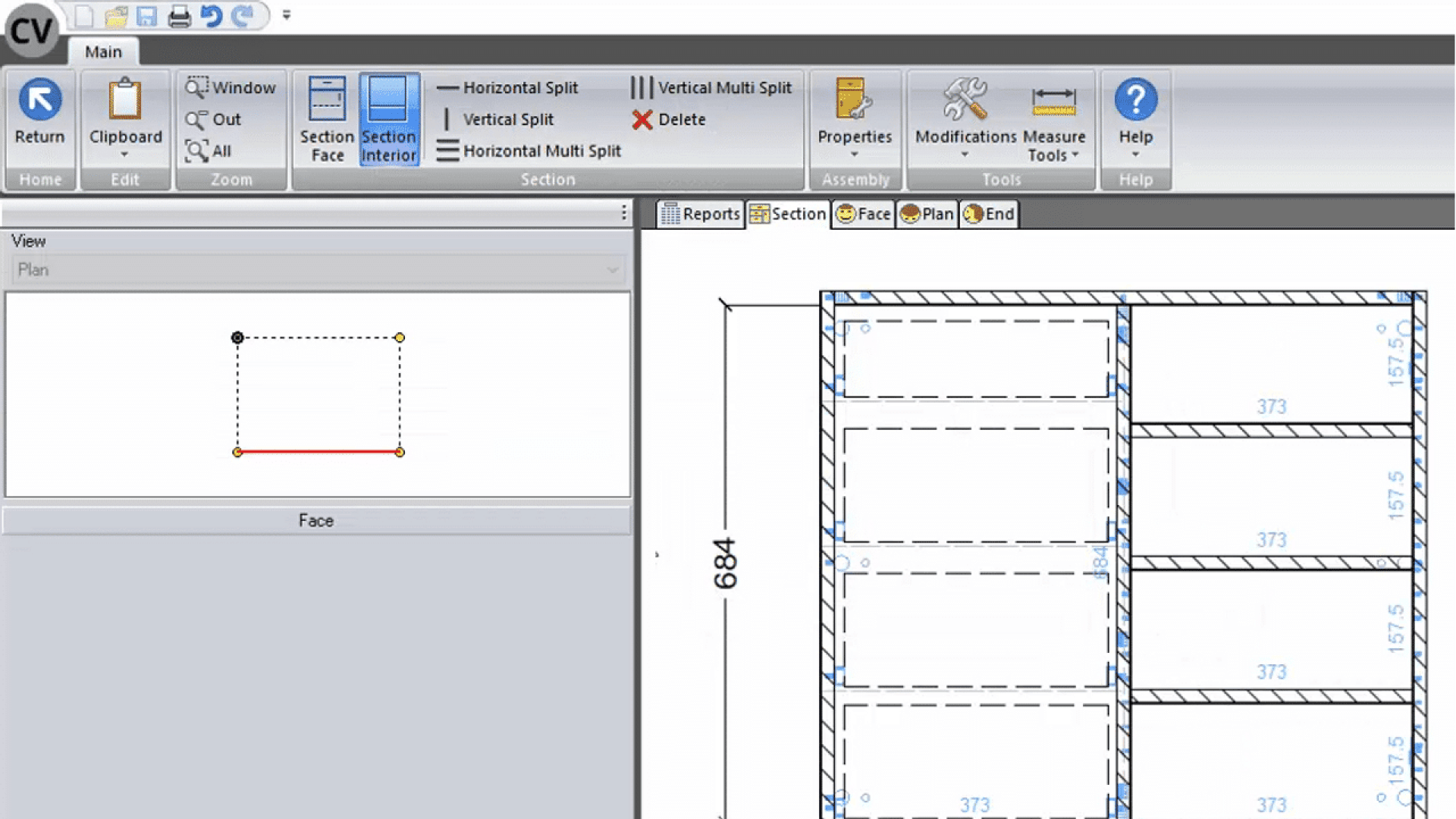 Capture d'écran de l'interface d'un logiciel de CAO montrant un dessin d'étagères ou de compartiments à droite et un éditeur de sections à gauche, avec des outils de mesure et des options de section dans la barre de menu en haut.