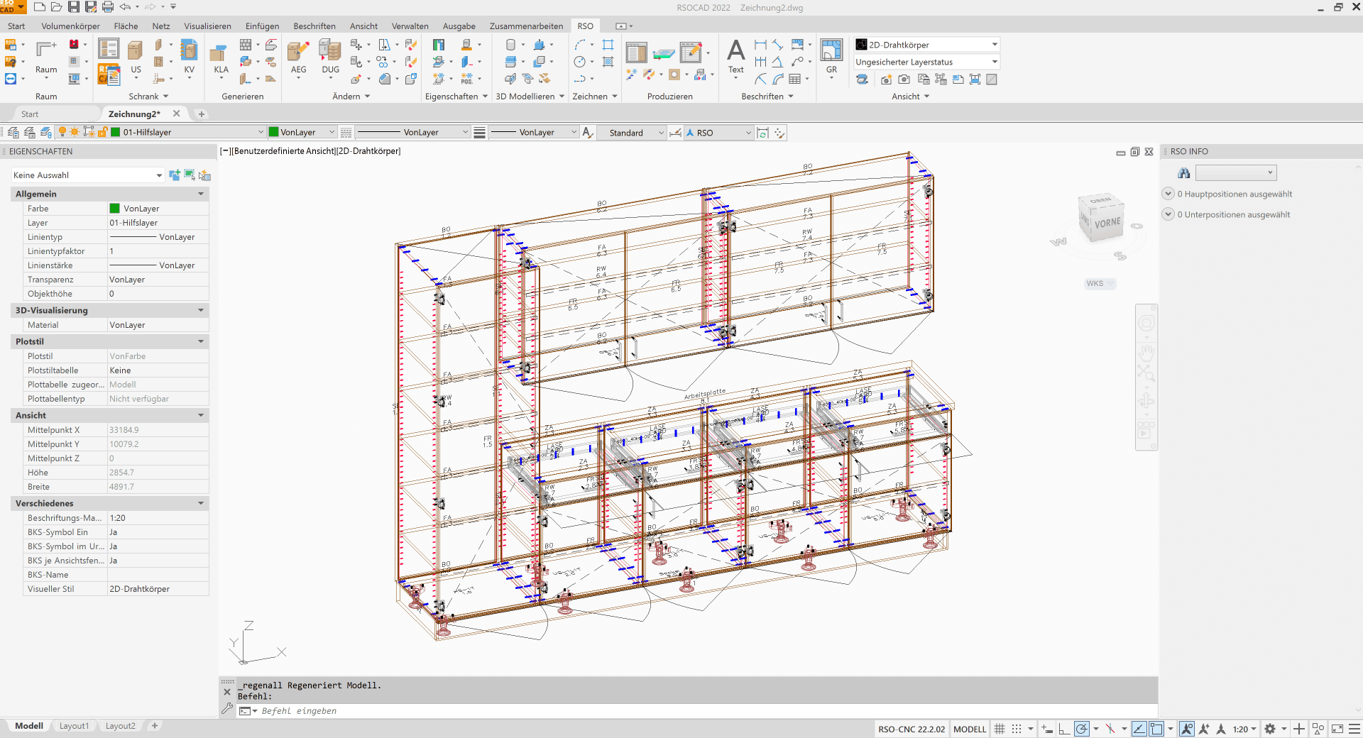 Screenshot einer CAD-Softwareoberfläche, die eine technische 3D-Zeichnung eines großen Regals mit mehreren Abschnitten, detaillierten Abmessungen und auf der Arbeitsfläche sichtbaren Anmerkungen anzeigt. Verschiedene Symbolleisten und Bedienfelder umgeben das Modell.