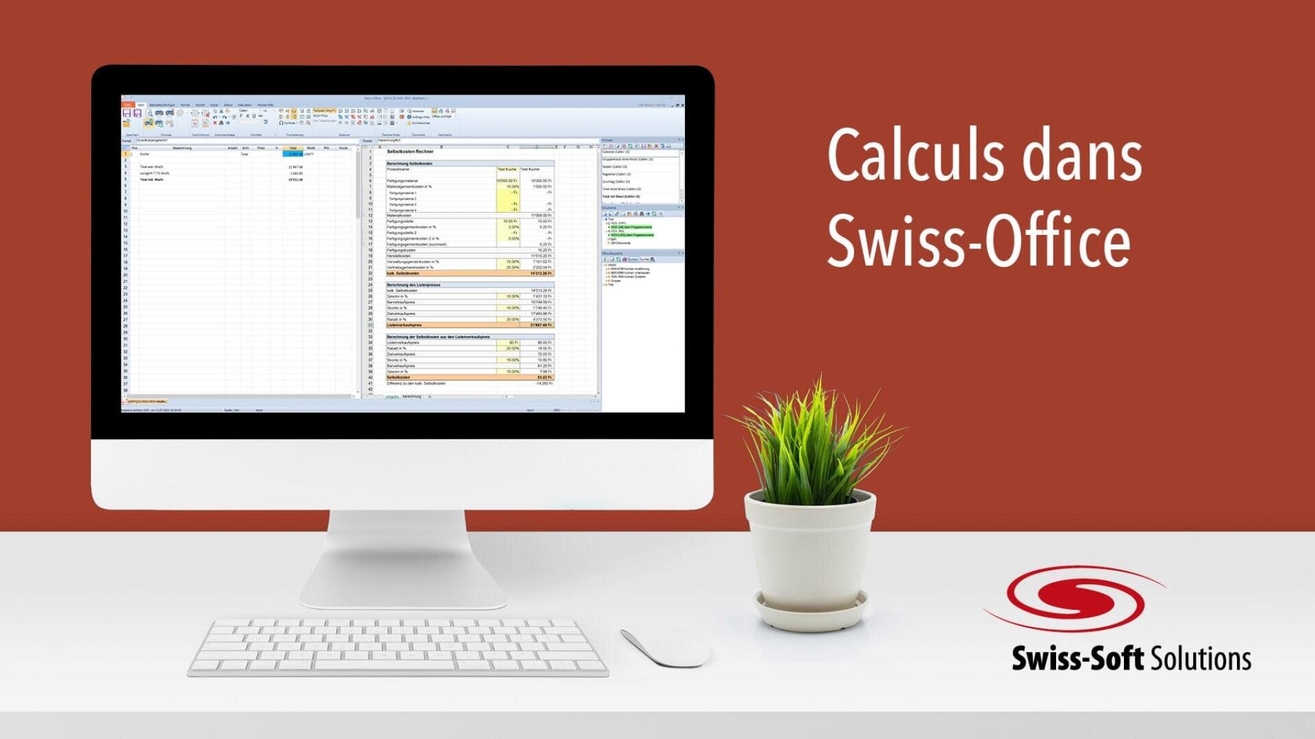 Sur un bureau blanc, un ordinateur affiche une feuille de calcul. Une plante en pot se trouve à côté. L'arrière-plan est rouge avec le texte Calculs dans Swiss-Office et le logo de Swiss-Soft Solutions dans le coin.