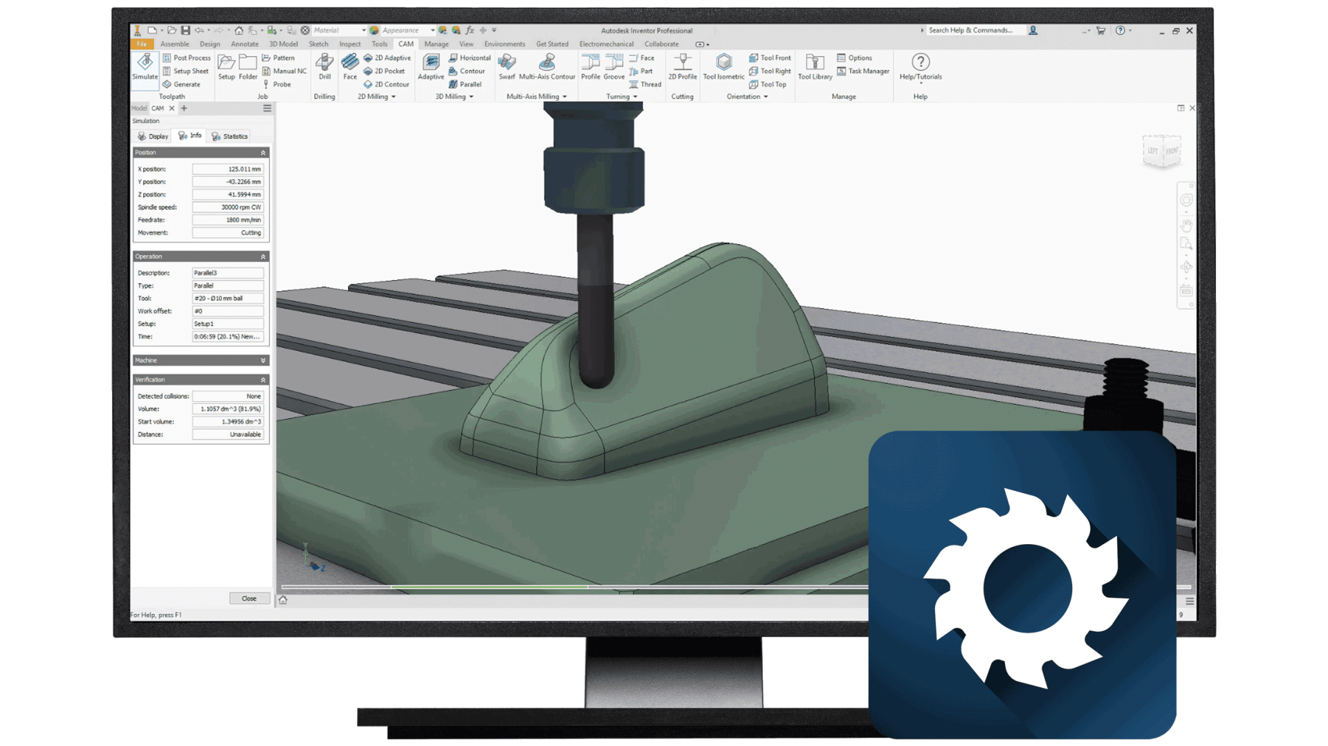 Auf einem Computermonitor wird eine 3D-CAD-Software mit einem Bearbeitungswerkzeugweg auf einem Teilemodell angezeigt. Im Vordergrund steht ein blaues Symbol mit einem weißen Zahnradsymbol für eine Fertigungssoftware.