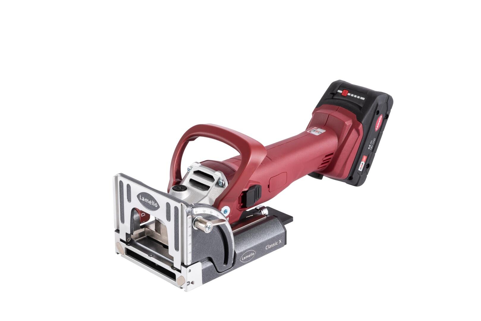 Outil électrique rouge et noir sans fil, en particulier une rainureuse, avec une base en métal et une batterie fixée à l'arrière, sur fond blanc.