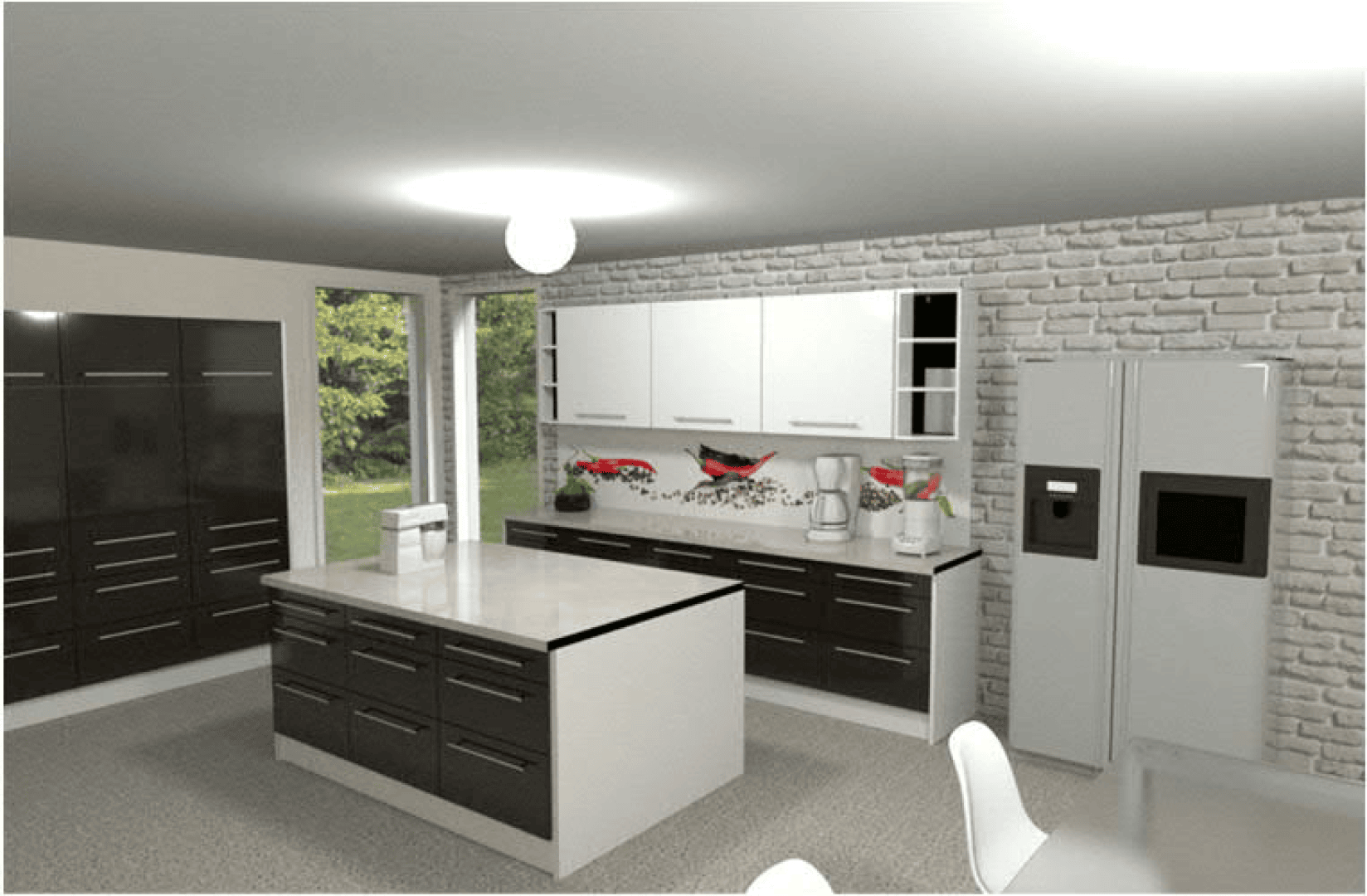 Cuisine moderne avec placards foncés, comptoirs blancs, îlot central, appareils en acier inoxydable, mur d'accent en briques blanches et grandes fenêtres donnant sur un jardin verdoyant.