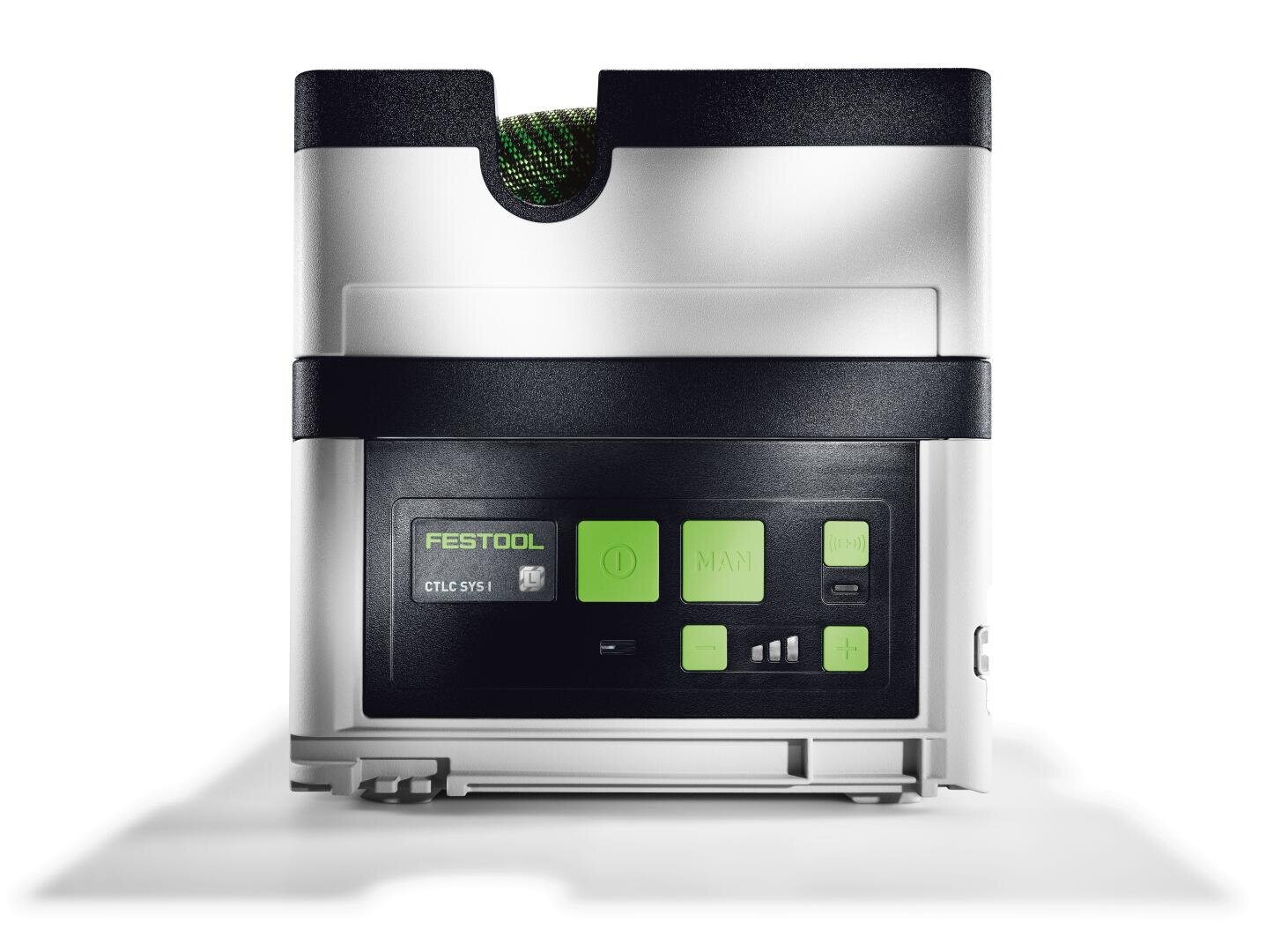 Vorderansicht eines Festool CTL-SYS Systainer Entstaubers. Zu sehen ist ein kompaktes, rechteckiges Design mit grünen und schwarzen Tasten, Digitalanzeige und einem teilweise sichtbaren Schlauch an der Oberseite.