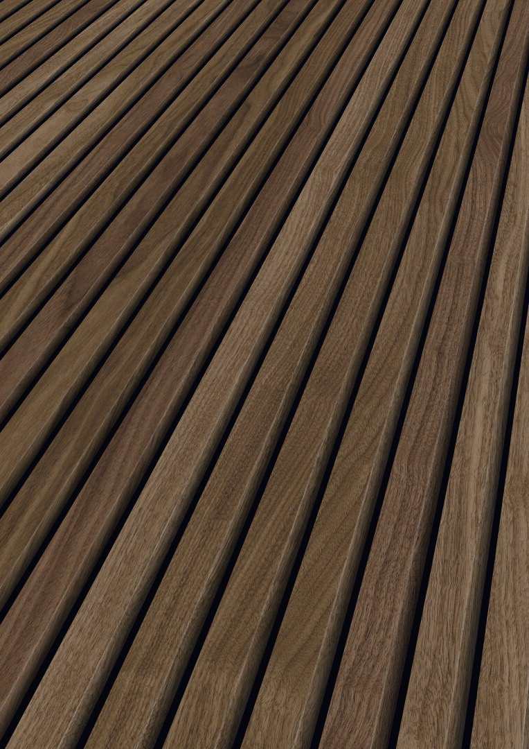 Diagonale Ansicht von gleichmäßig verteilten, parallelen Holzbrettern mit glatter Oberfläche, die verschiedene Brauntöne und eine natürliche Holzmaserung aufweisen.