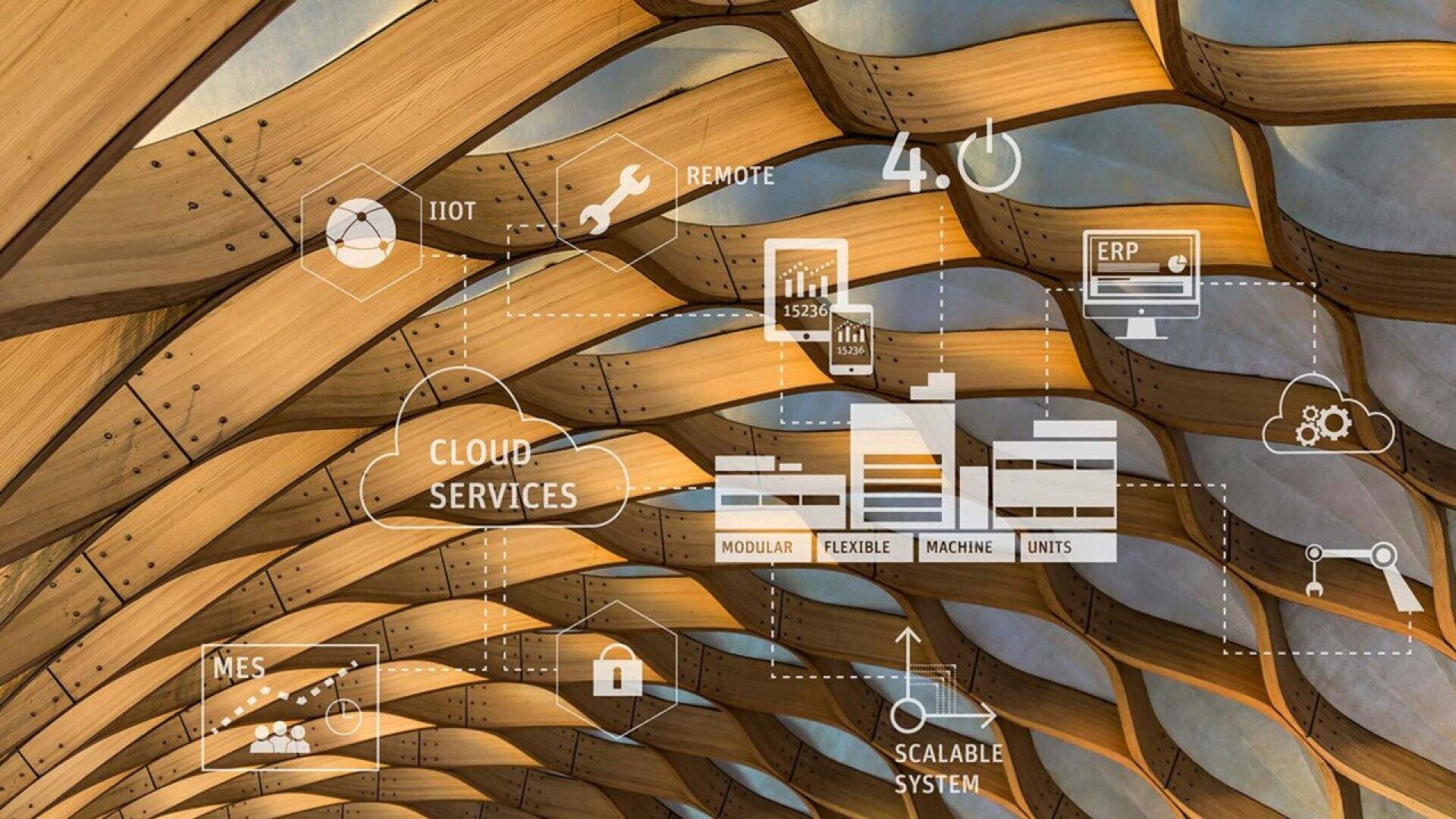 Plafond arqué en bois avec des graphiques numériques superposés, comprenant des icônes et des termes tels que services en nuage, MES, à distance, ERP, IIOT et système évolutif, représentant des concepts de technologie industrielle moderne.
