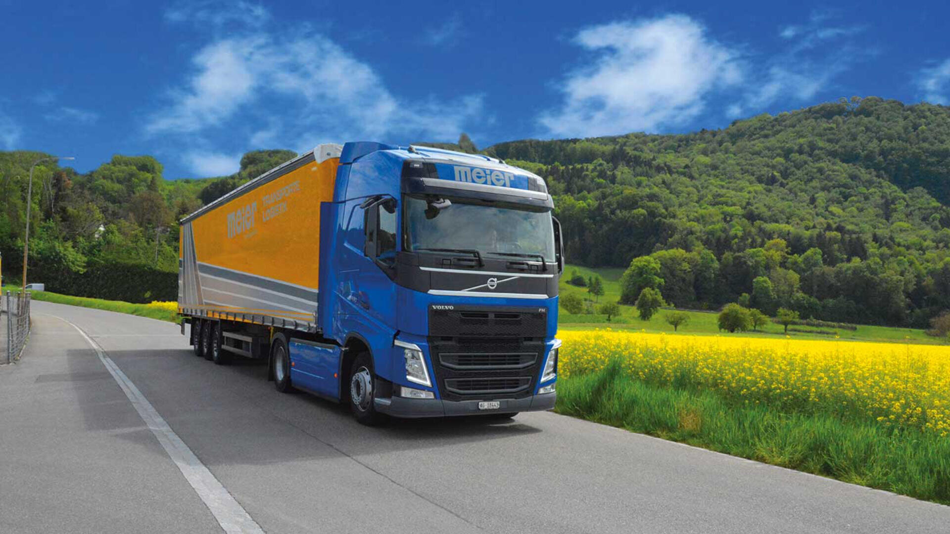 Ein blau-gelber Sattelschlepper fährt auf einer Landstraße neben einem Feld mit gelben Blumen, mit grünen Hügeln und Bäumen im Hintergrund unter einem strahlend blauen Himmel mit vereinzelten Wolken.