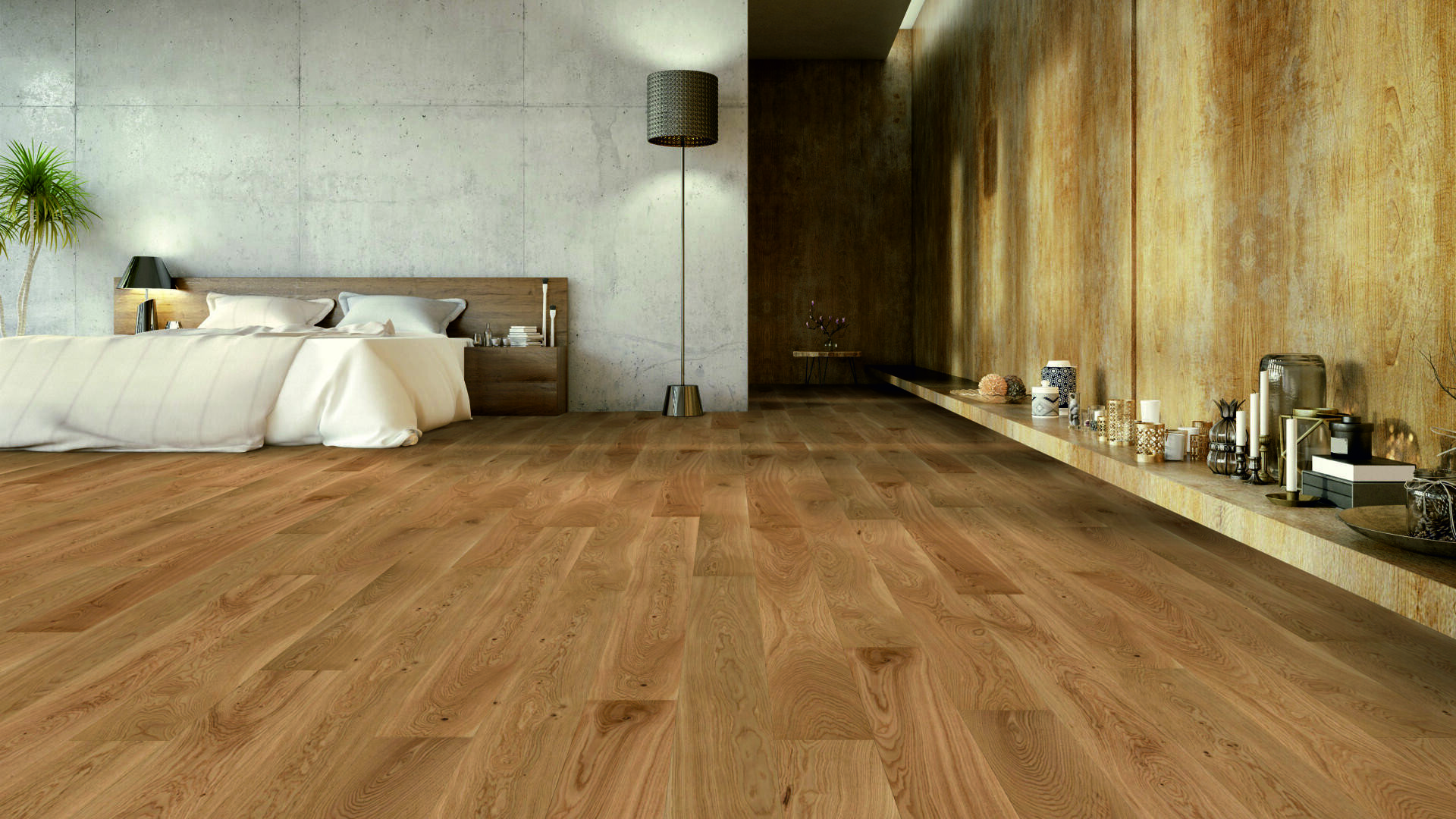 Ein modernes Schlafzimmer mit einem Holzbett, weißer Bettwäsche, einer Stehlampe, einer Topfpflanze und einem breiten Holzboden. Der Raum hat Beton- und Strukturwände sowie ein langes, niedriges Regal, auf dem dekorative Gegenstände stehen.
