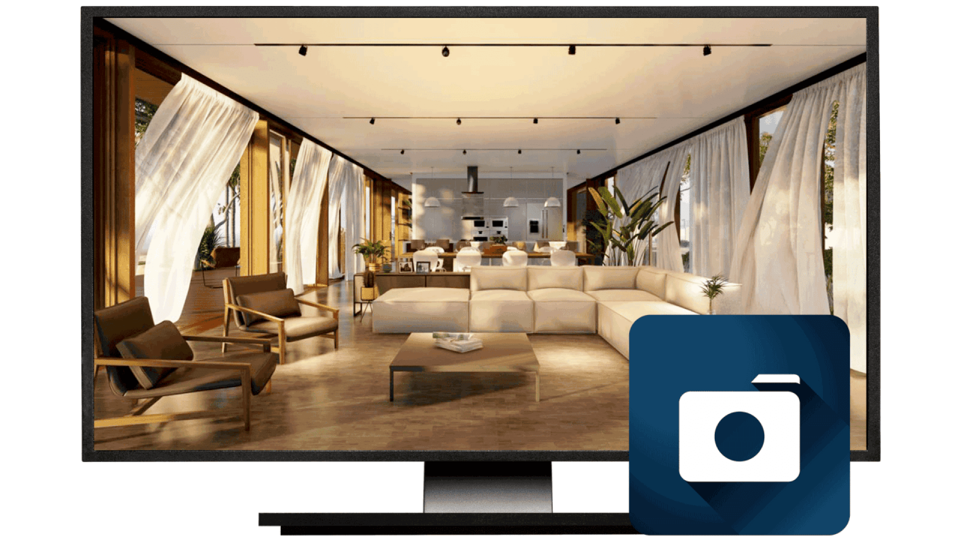 Un salon moderne avec de grandes fenêtres, des rideaux transparents, des meubles neutres et des plantes d'intérieur est affiché sur un écran de télévision. Une icône de caméra apparaît dans le coin inférieur droit de l'écran.