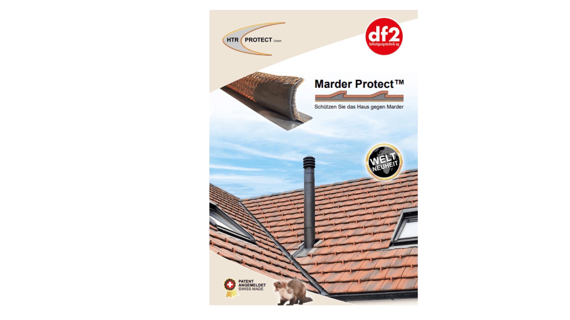 Eine deutsche Werbung für Marder Protect™ zeigt eine Nahaufnahme eines Daches mit Schornsteinrohren und einem Schutzgitter. Der Text beschreibt den Schutz gegen Marder, und unten ist ein Marder abgebildet.