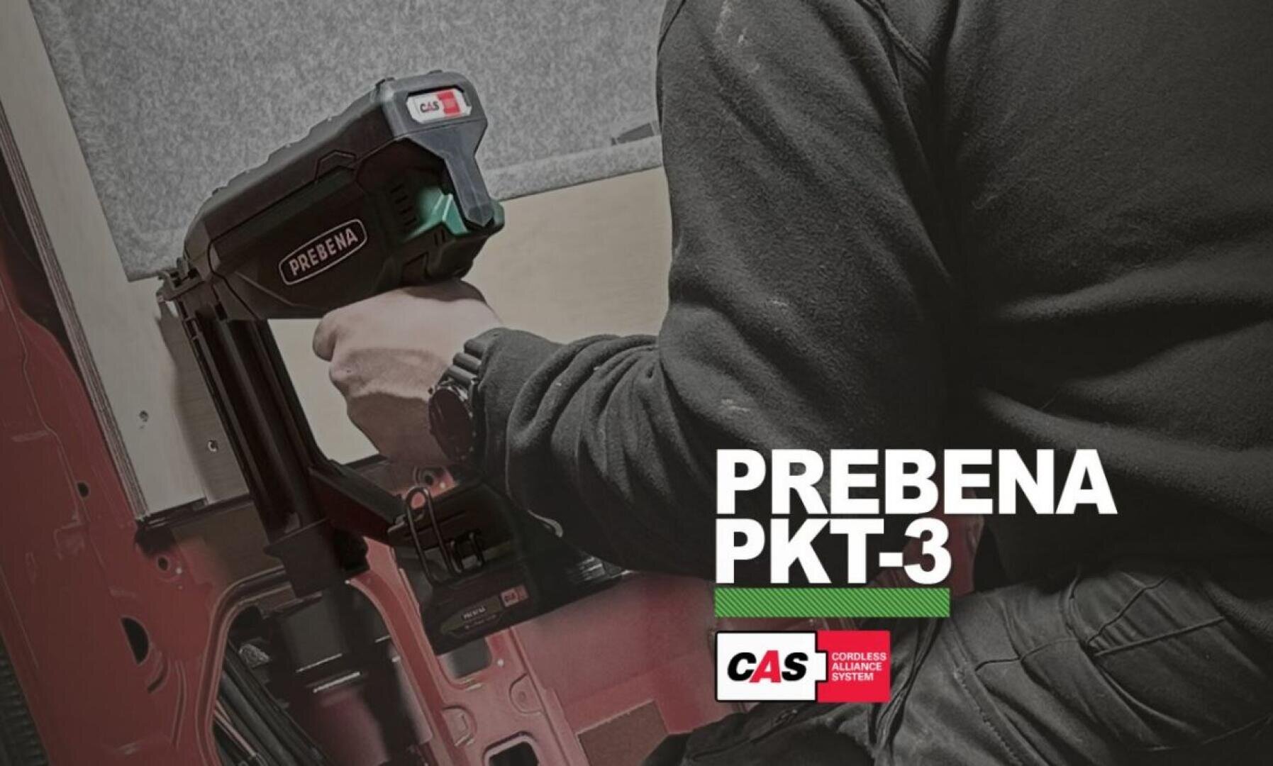 Eine Person benutzt ein Prebena PKT-3 schnurloses Werkzeug im Inneren eines Fahrzeugs. Das Werkzeug trägt ein CAS-Etikett (Cordless Alliance System). Das Prebena PKT-3-Logo und das CAS-Logo erscheinen in der unteren rechten Ecke.