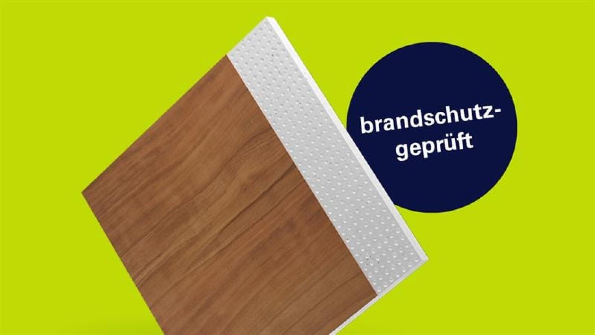 Un panneau en bois avec une section d'angle présentant une surface blanche en pointillés est représenté sur un fond vert vif. Un cercle bleu foncé contient le texte allemand brandschutz-geprüft (protection contre l'incendie testée).