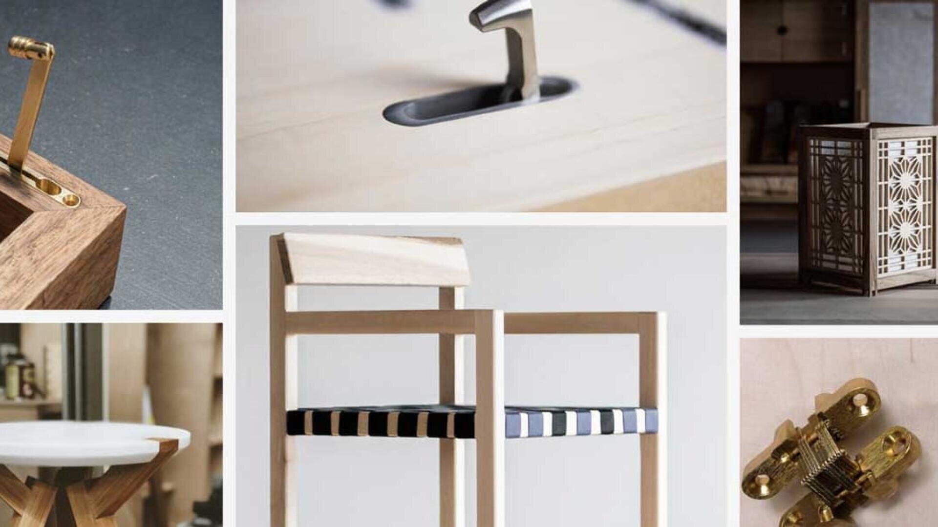 Eine Collage aus modernen Möbelstücken und Designdetails, darunter Holzstühle, ein dekorativer Schrank, komplizierte Messingbeschläge und Nahaufnahmen einzigartiger Tischlerarbeiten und Verschlüsse.