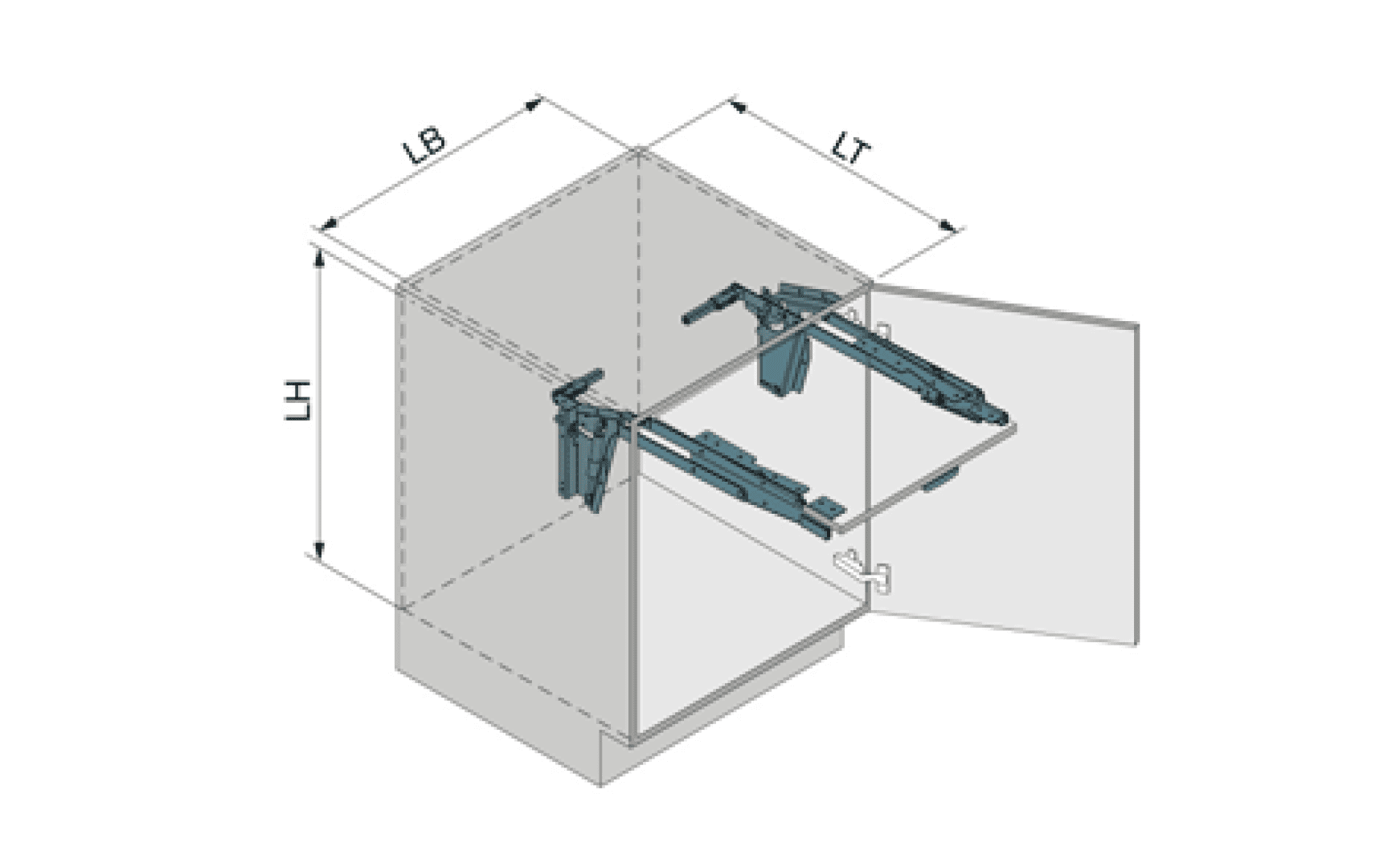 Isometrische Zeichnung eines Schranks mit einer geöffneten Tür, die die Scharniermechanismen im Inneren zeigt. Die Abmessungen LB (Breite), LT (Tiefe) und LH (Höhe) sind mit Pfeilen gekennzeichnet.