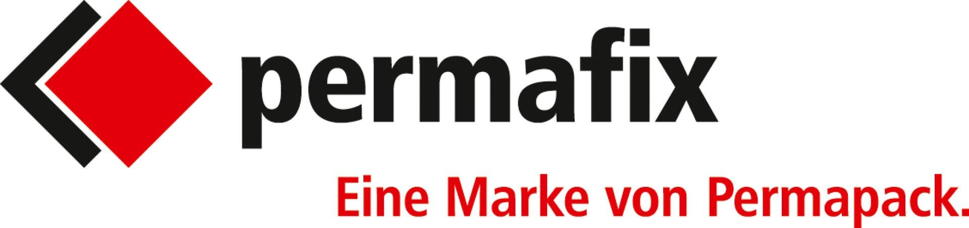 Logo mit roter Raute neben dem Wort permafix in schwarzer Farbe und dem Schriftzug Eine Marke von Permapack in roter Farbe darunter.