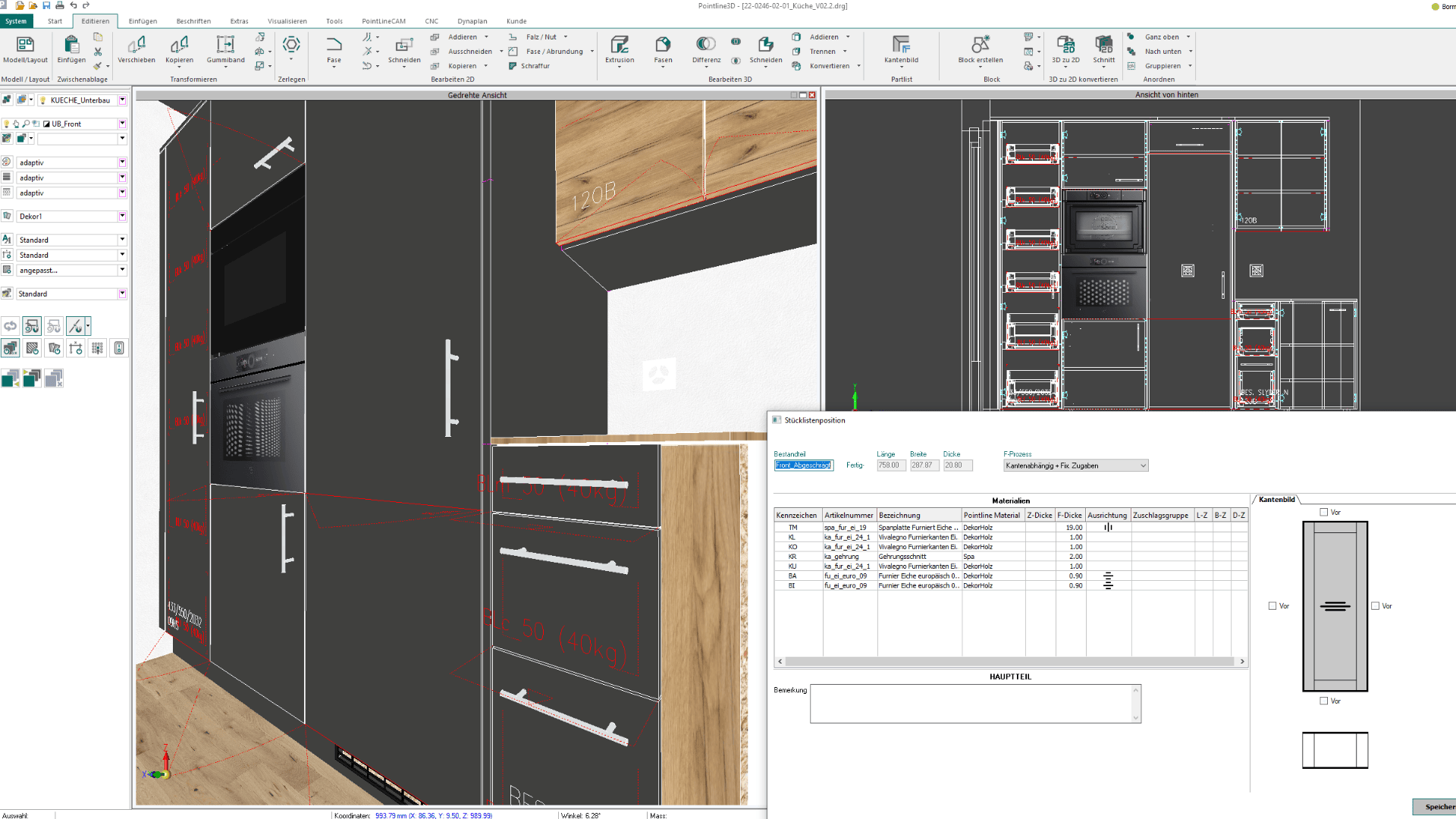 Auf einem Computerbildschirm wird eine Software zur Planung von Küchenschränken mit detaillierten 3D-Modellen, Maßen und einer Stückliste für Schrankkomponenten auf einer geteilten Oberfläche angezeigt.