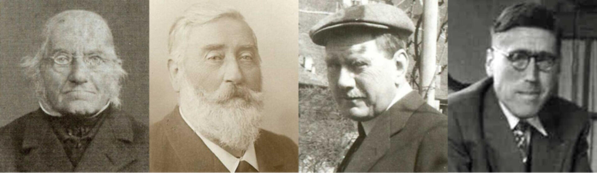 Vier Schwarz-Weiß-Porträts von Männern, jedes aus einer anderen Epoche, nebeneinander angeordnet; der erste ist älter mit Brille, der zweite hat einen weißen Bart, der dritte trägt eine Mütze und der vierte hat dunkles Haar und eine Brille.