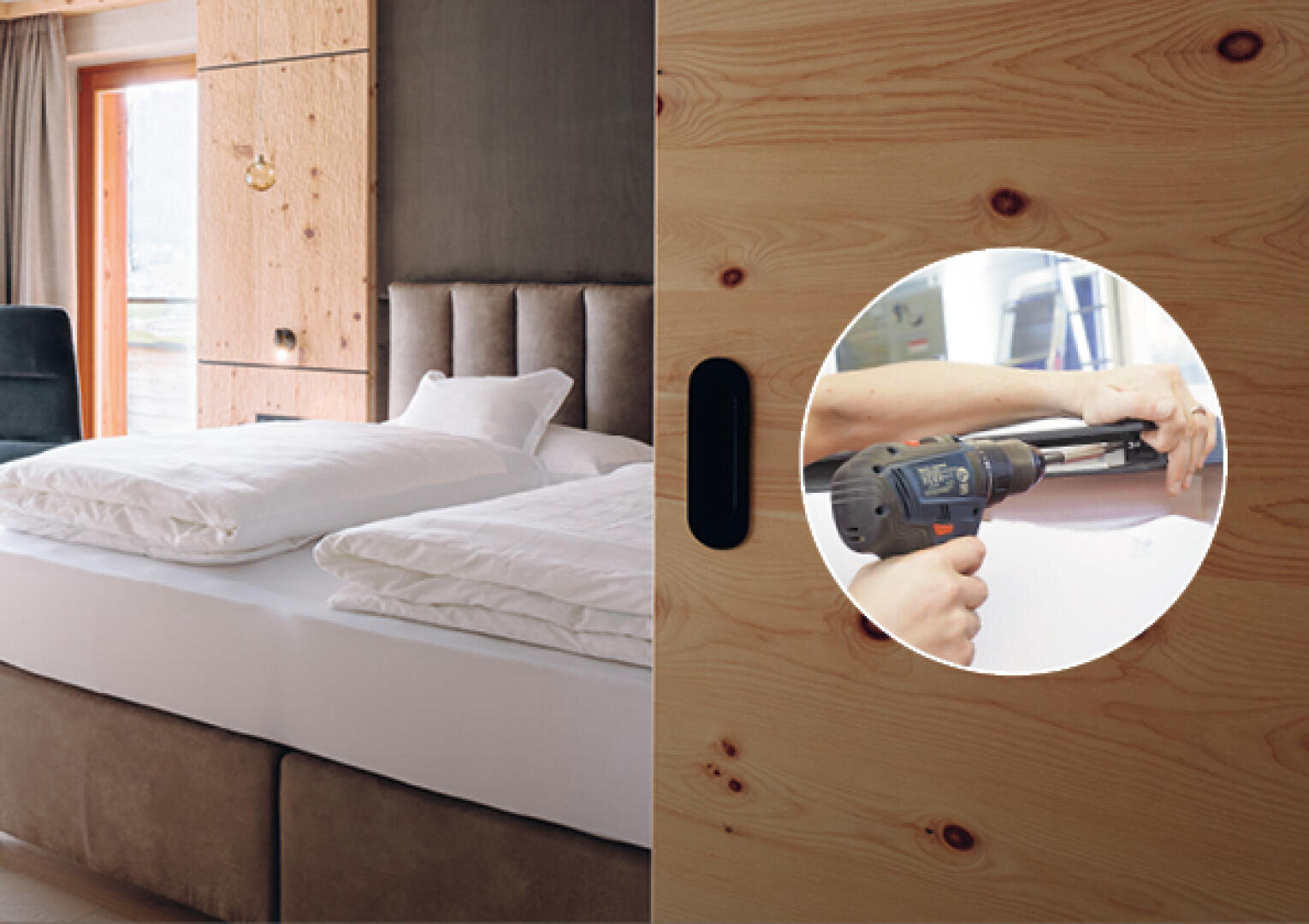 Une chambre d'hôtel confortable avec des lits faits est représentée à gauche, tandis qu'un gros plan à droite montre des mains utilisant une perceuse électrique pour installer une poignée de porte sur une porte en bois.
