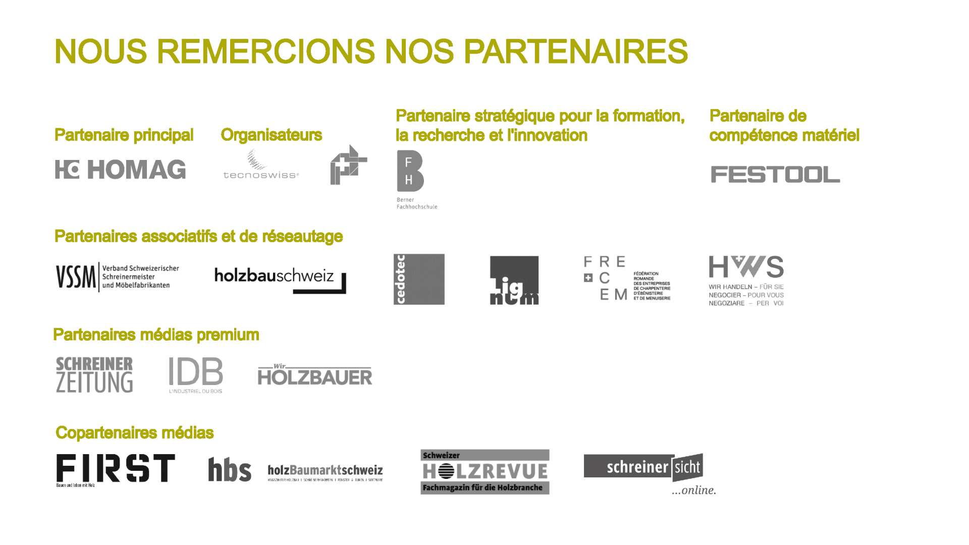 Liste de logos de partenaires classés par catégories, avec le titre NOUS REMERCIONS NOS PARTENAIRES en jaune en haut. Chaque catégorie regroupe des partenaires institutionnels, techniques, médias et associatifs du secteur du bois.