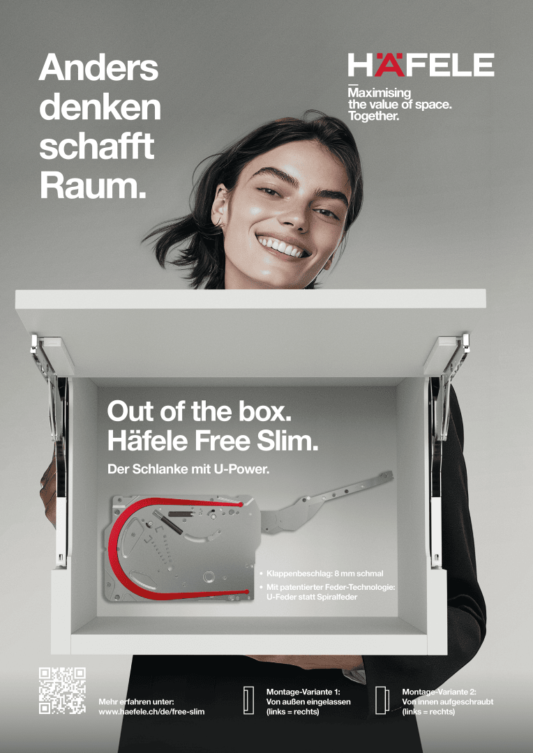 Une femme souriante se penche sur un meuble blanc ouvert. On peut y lire : « Penser différemment crée de l'espace. Sortir des sentiers battus. » Häfele Free Slim. Ci-dessous, une représentation schématique du mécanisme du meuble.