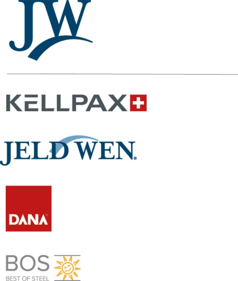Une collection de cinq logos d'entreprise : JW, KELLPAX avec une croix suisse rouge, JELD-WEN, DANA dans un carré rouge et BOS BEST OF STEEL avec un graphisme solaire.