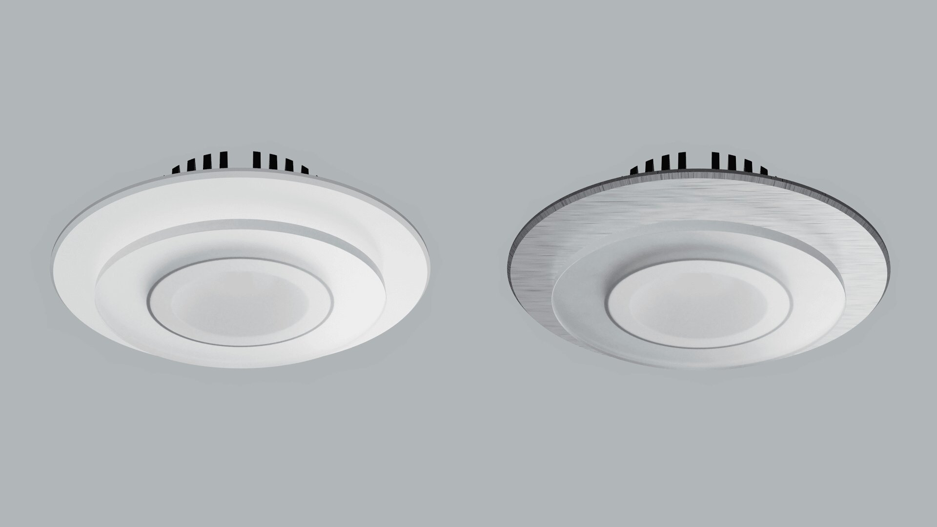 Deux plafonniers ronds sont présentés côte à côte sur un fond gris ; celui de gauche a une finition blanche, tandis que celui de droite a une finition argent métallique.