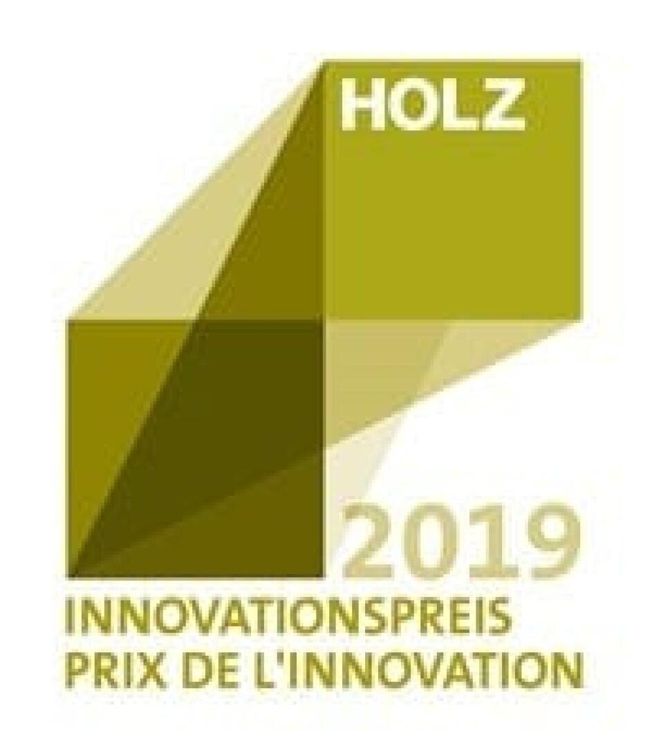 Ein geometrisches grünes und gelbes Logo mit dem Text HOLZ oben rechts und dem INNOVATIONSPREIS PRIX DE LINNOVATION 2019 darunter.